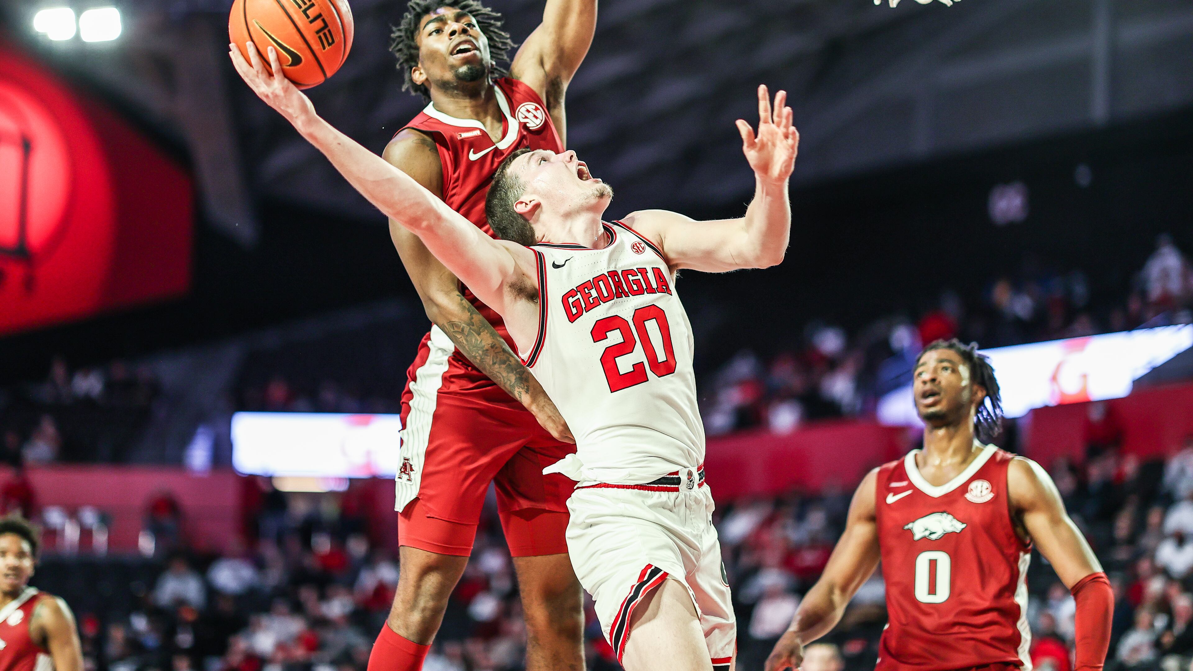 Georgia's Noah Baumann puts up a shot against Arkansas Wednesday at Stegeman Coliseum in Athens. (Photo by Mackenzie Miles / Georgia Athletics)