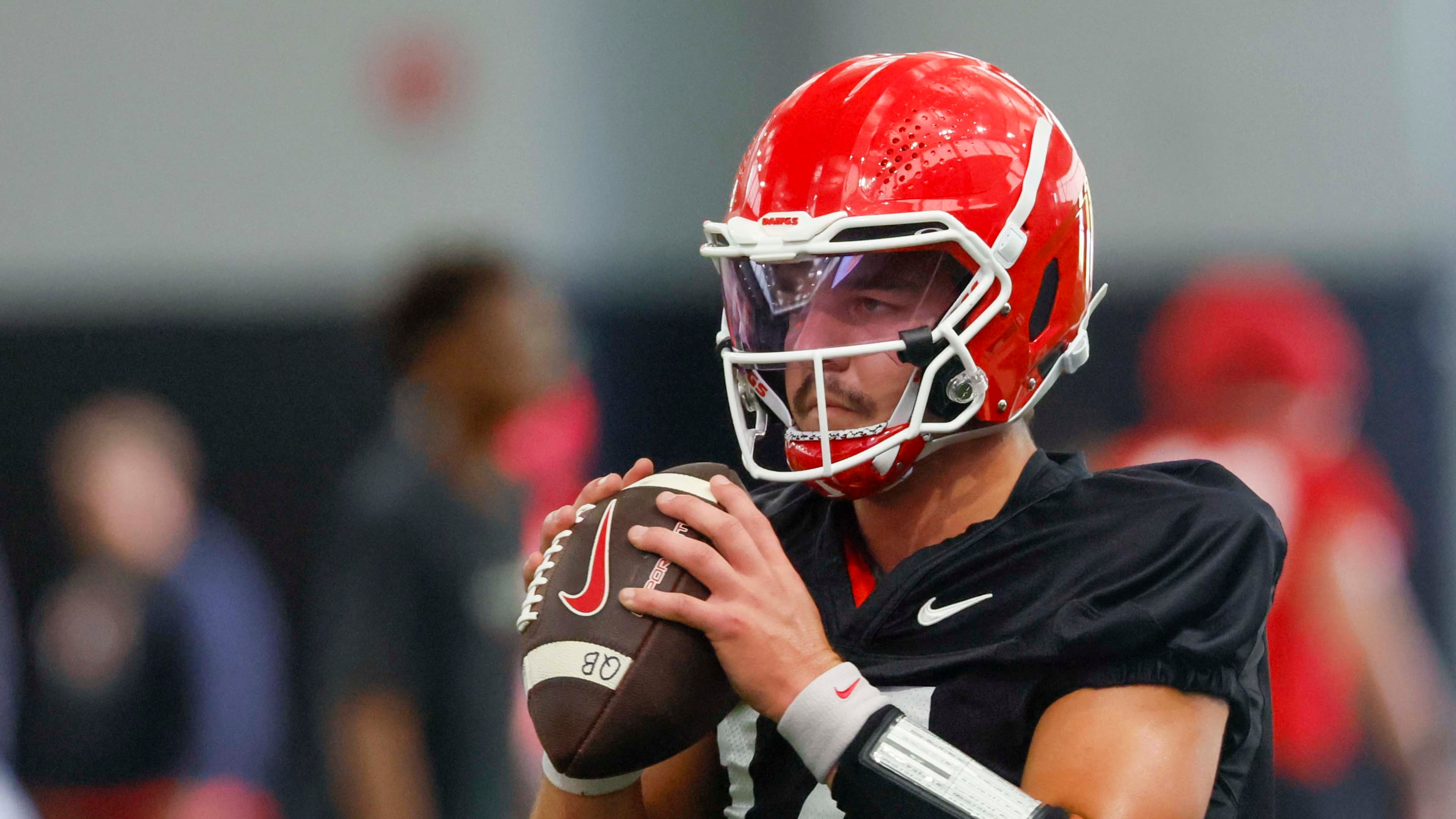 Georgia quarterback Gunner Stockton (14) holds the ball during their first football practice at the University of Georgia practice facility, Wednesday, August 5, 2026, in Athens, Ga. (Miguel Martinez/AJC)