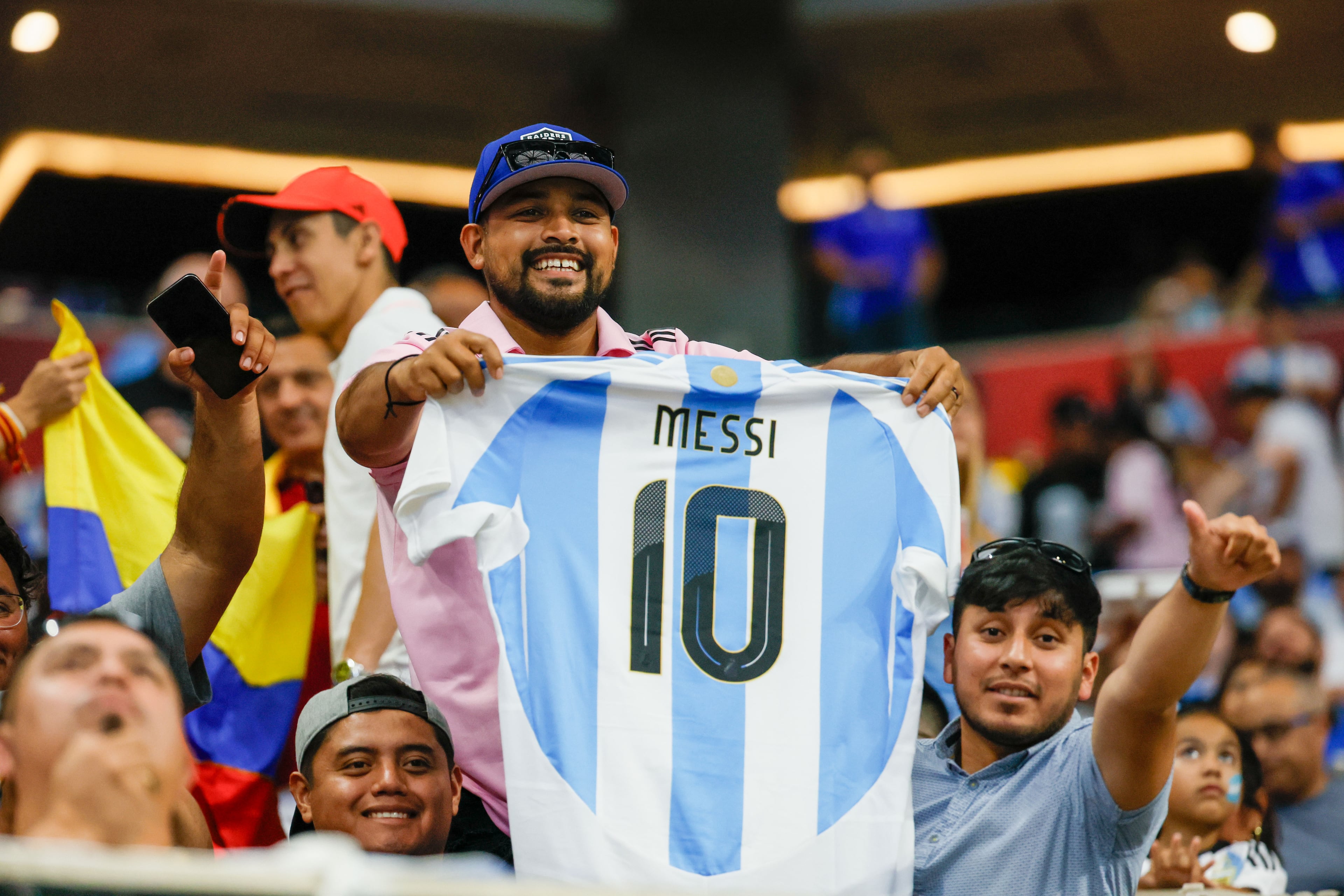 Argentina fans show Argentinian superstar jersey Lionel Messi moments before the inaugural Copa America game between Argentina and Canada at The Mercedes-Benz Stadium in Thursday, June 2024.
(Miguel Martinez / AJC)