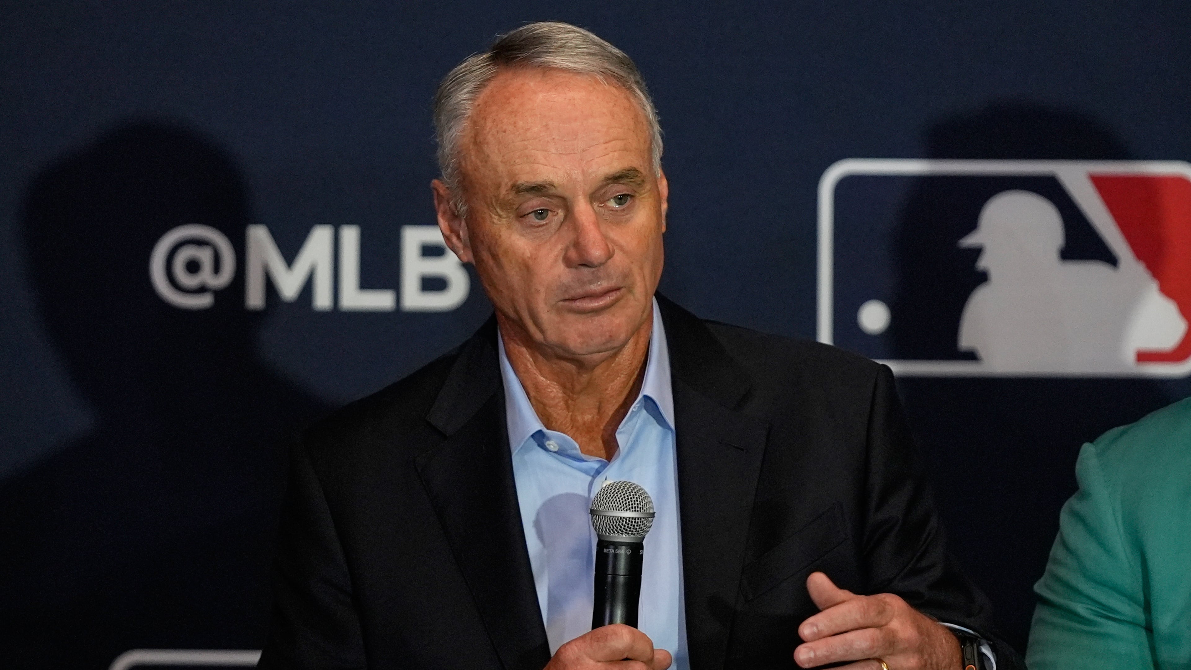 FILE - Commissioner of Major League Baseball Rob Manfred answers questions during a news conference at the MLB winter meetings, Dec. 8, 2025, in Orlando, Fla. (AP Photo/John Raoux, file)