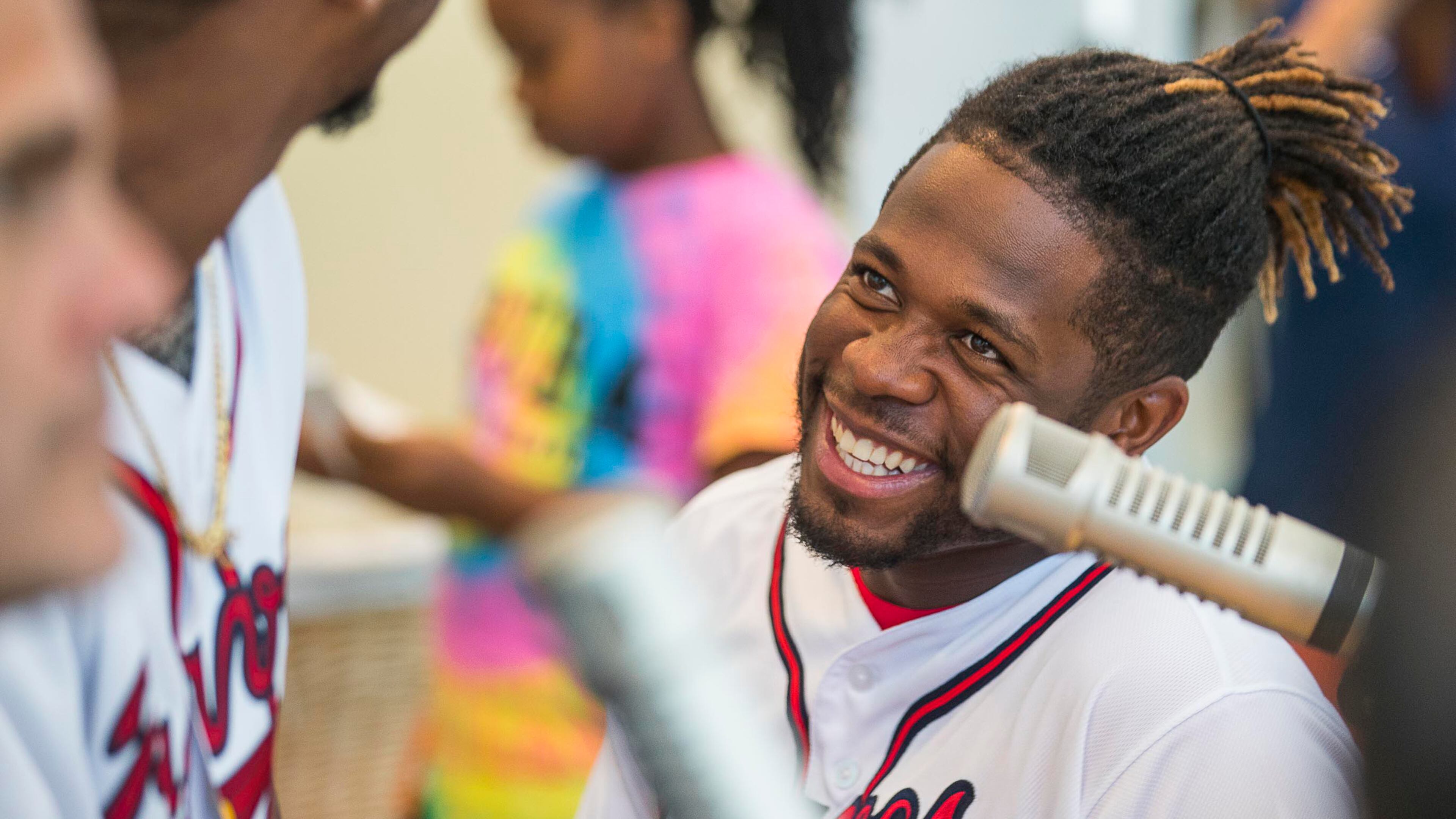 Braves pitcher Touki Toussaint laughs while talking with teammate Ozzie Albies during the Braves' visit Tuesday, May 28, 2019, to the Children's Healthcare of Atlanta at Egleston Hospital.