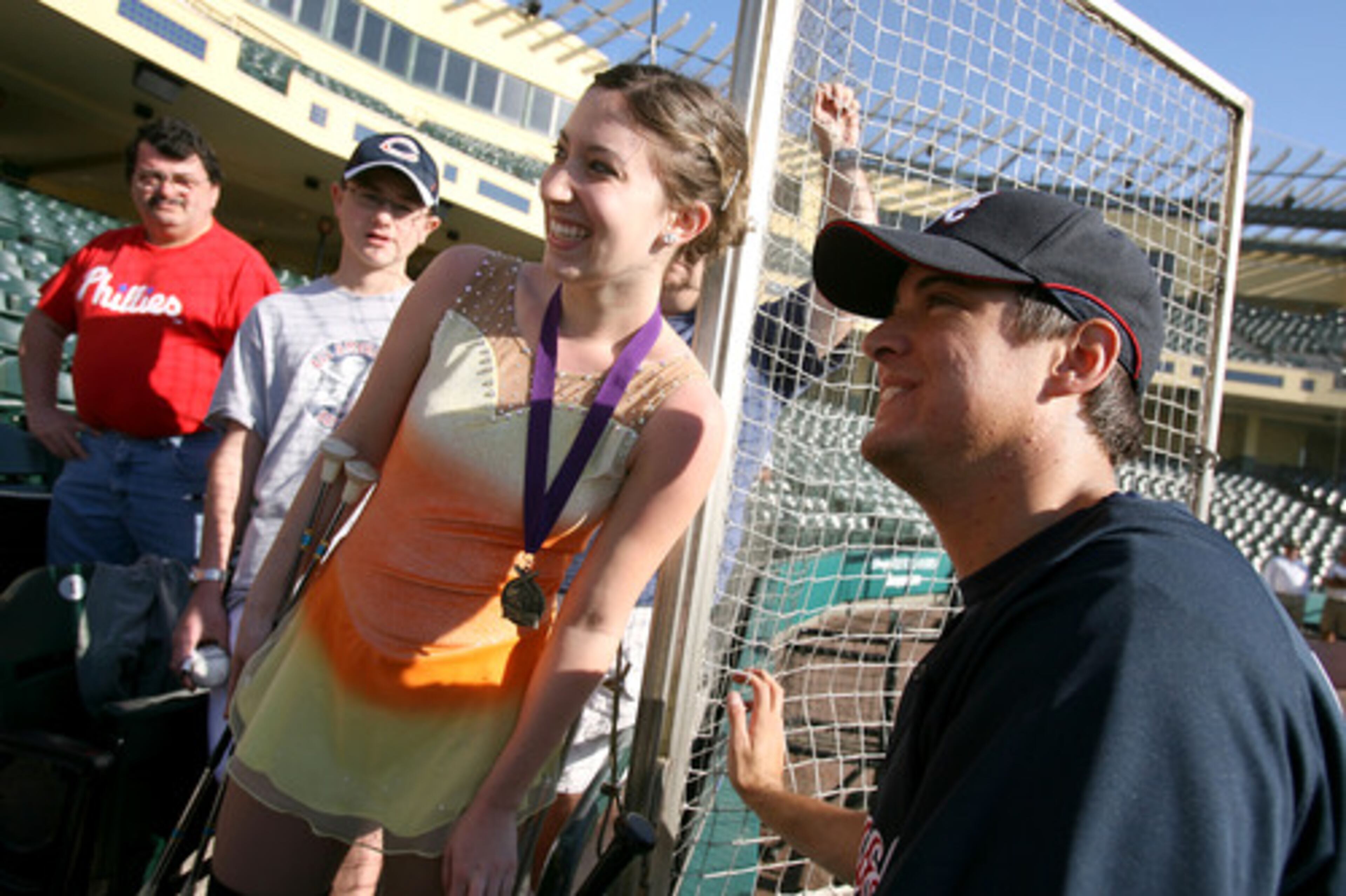 Jenn Barnes (left), 16, of Pittsburgh, posed with Kelly Johnson during day two of spring training camp. Barnes was competing in the Twirl Mania competition at Disney World.