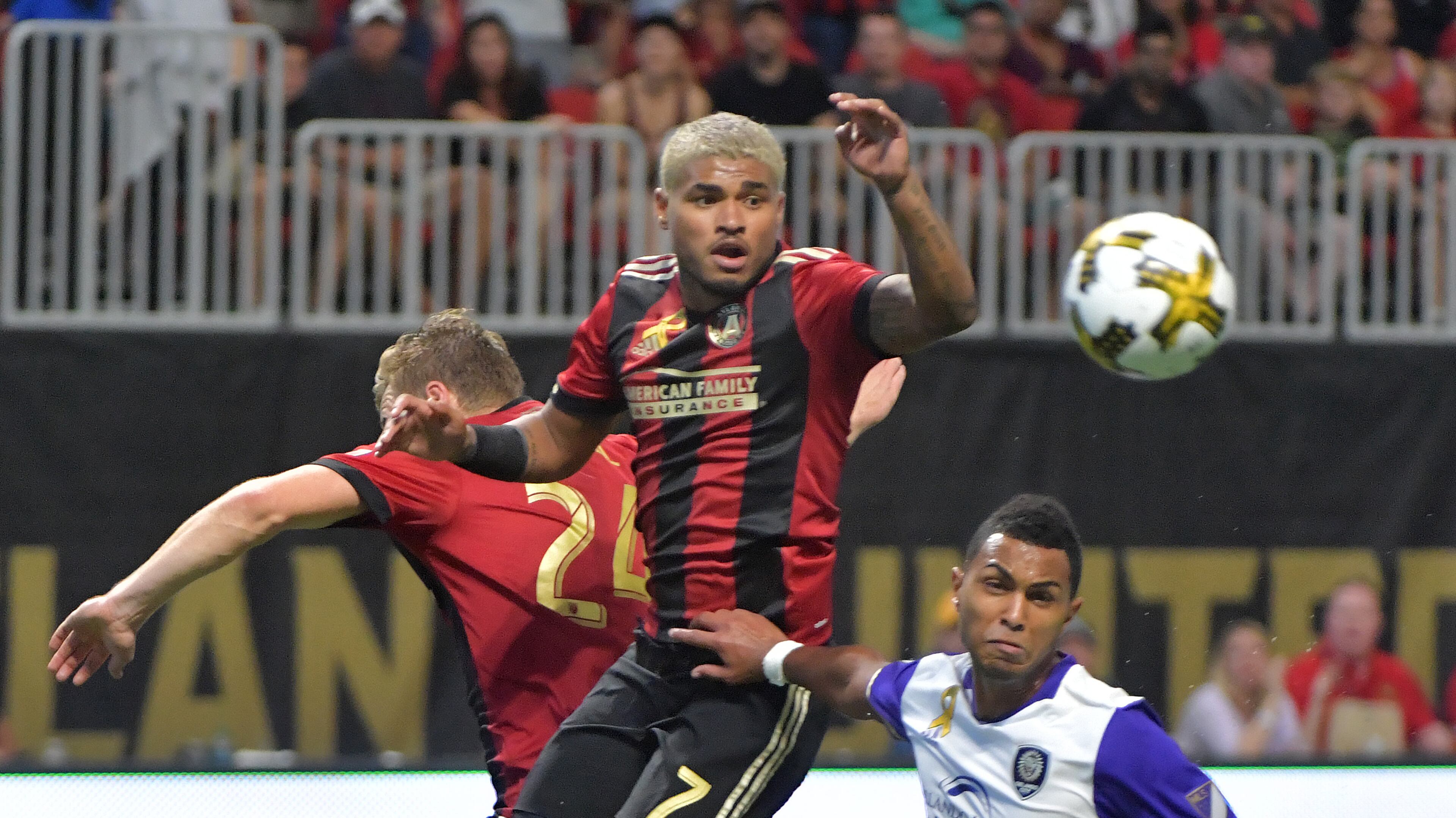 September 16, 2017 Atlanta - Atlanta United forward Josef Martinez (7) heads the ball in the second half of an MLS soccer match at the Mercedes-Benz Stadium on Saturday, September 16, 2017. HYOSUB SHIN / HSHIN@AJC.COM