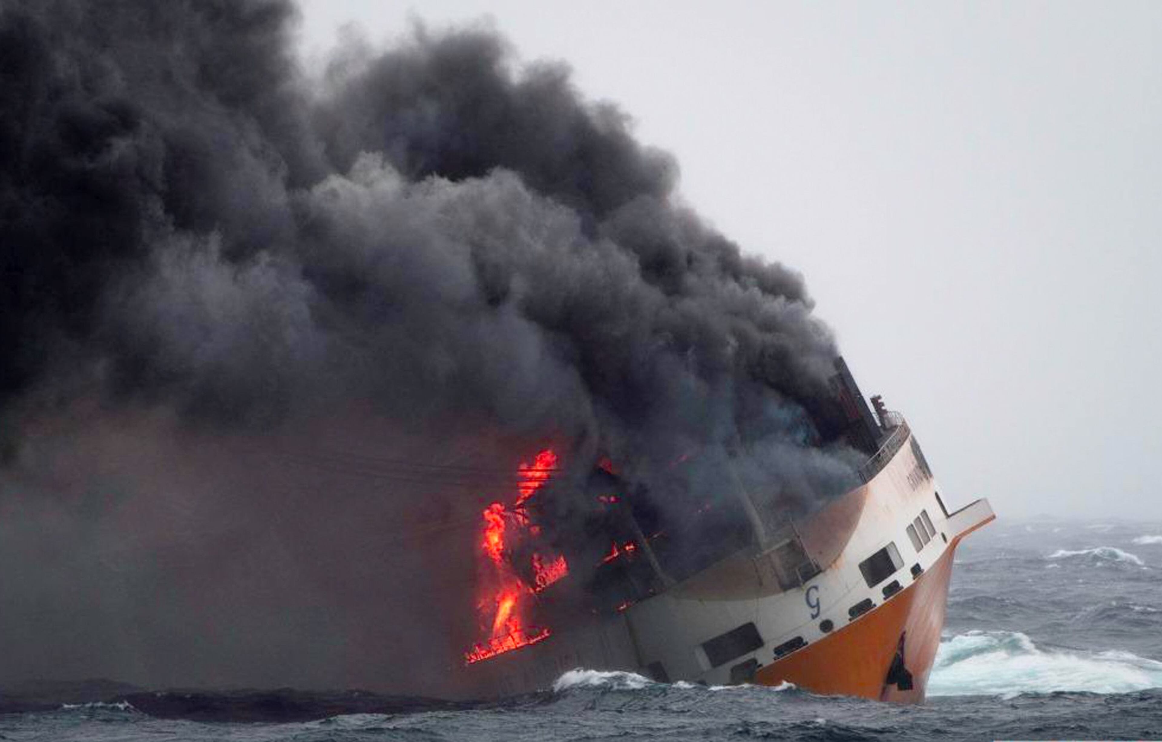 The Grimaldi vessel Grande America was on fire in the Bay of Biscay, off the west coast of France, on March 11, 2019. French authorities worked to contain an oil spill off the Atlantic Coast after the Italian tanker sank following a fire. French and British rescue teams saved all 27 people aboard the Grande America tanker after it sank.