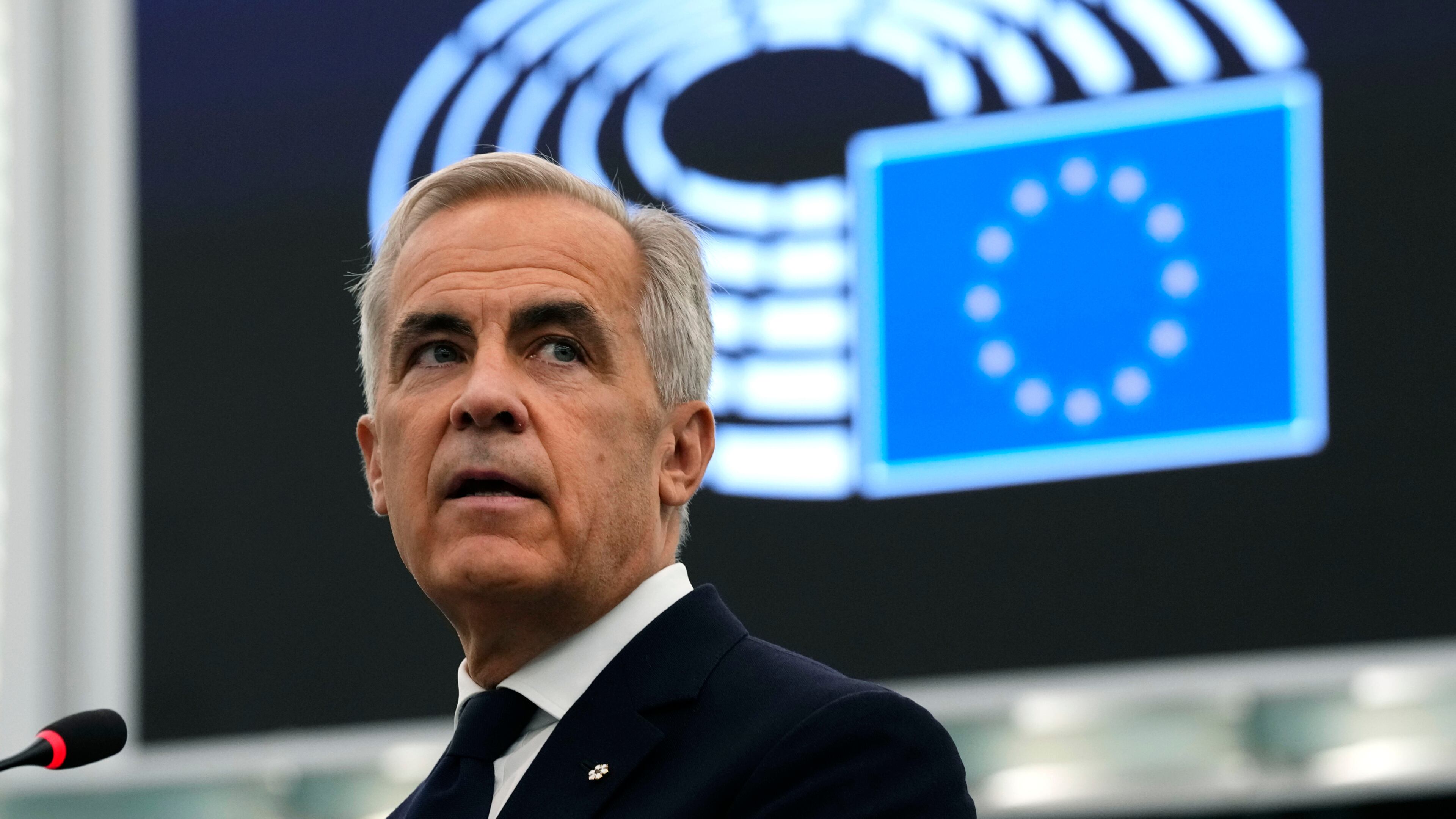 Prime Minister Mark Carney addresses the European Parliament in Strasbourg, France, on Thursday, Sept. 17, 2026. (Justin Tang /The Canadian Press via AP)