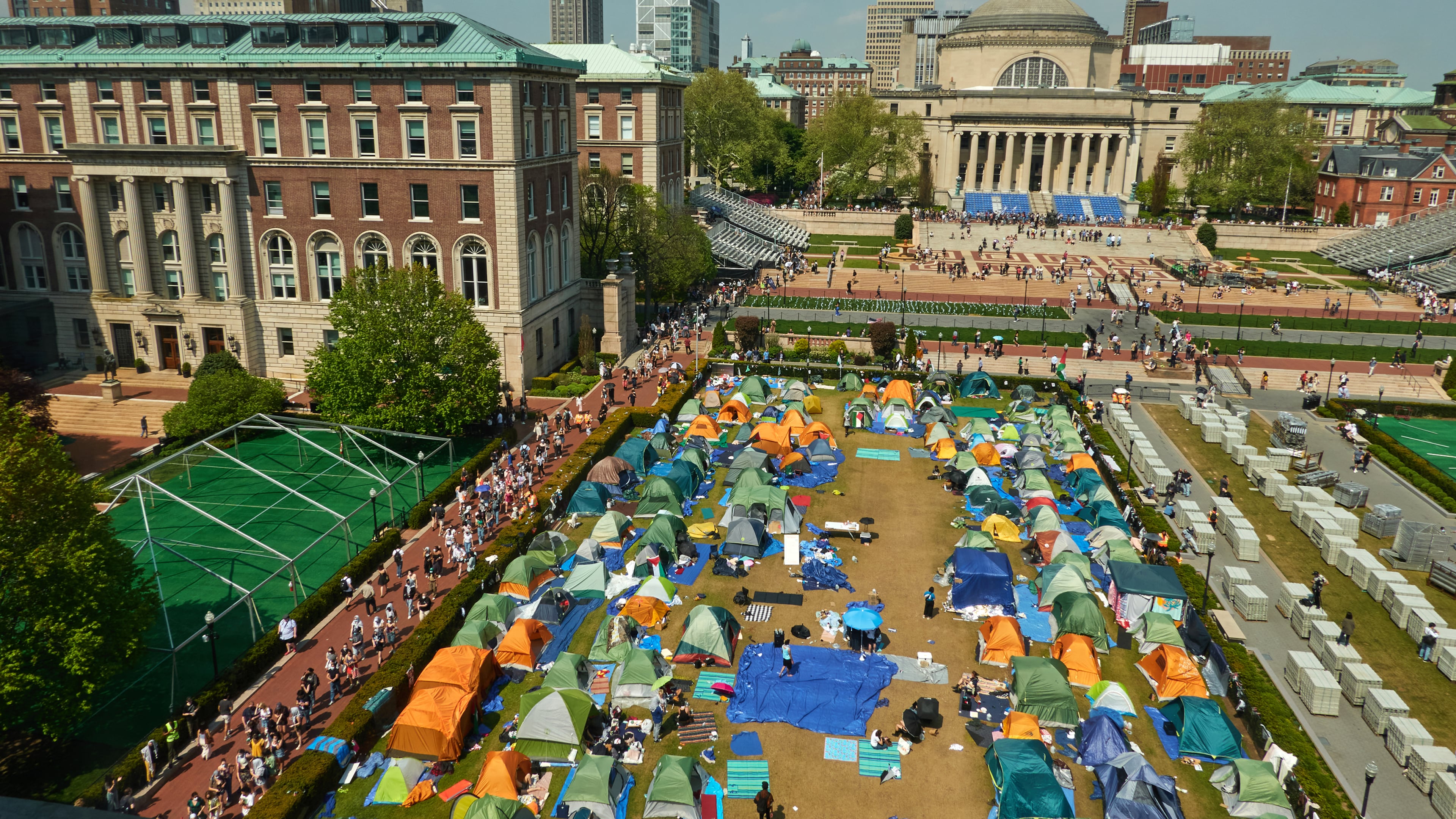 Pro-Palestinian protesters gather April 29 on the campus of Columbia University in New York. (Bing Guan/The New York Times)