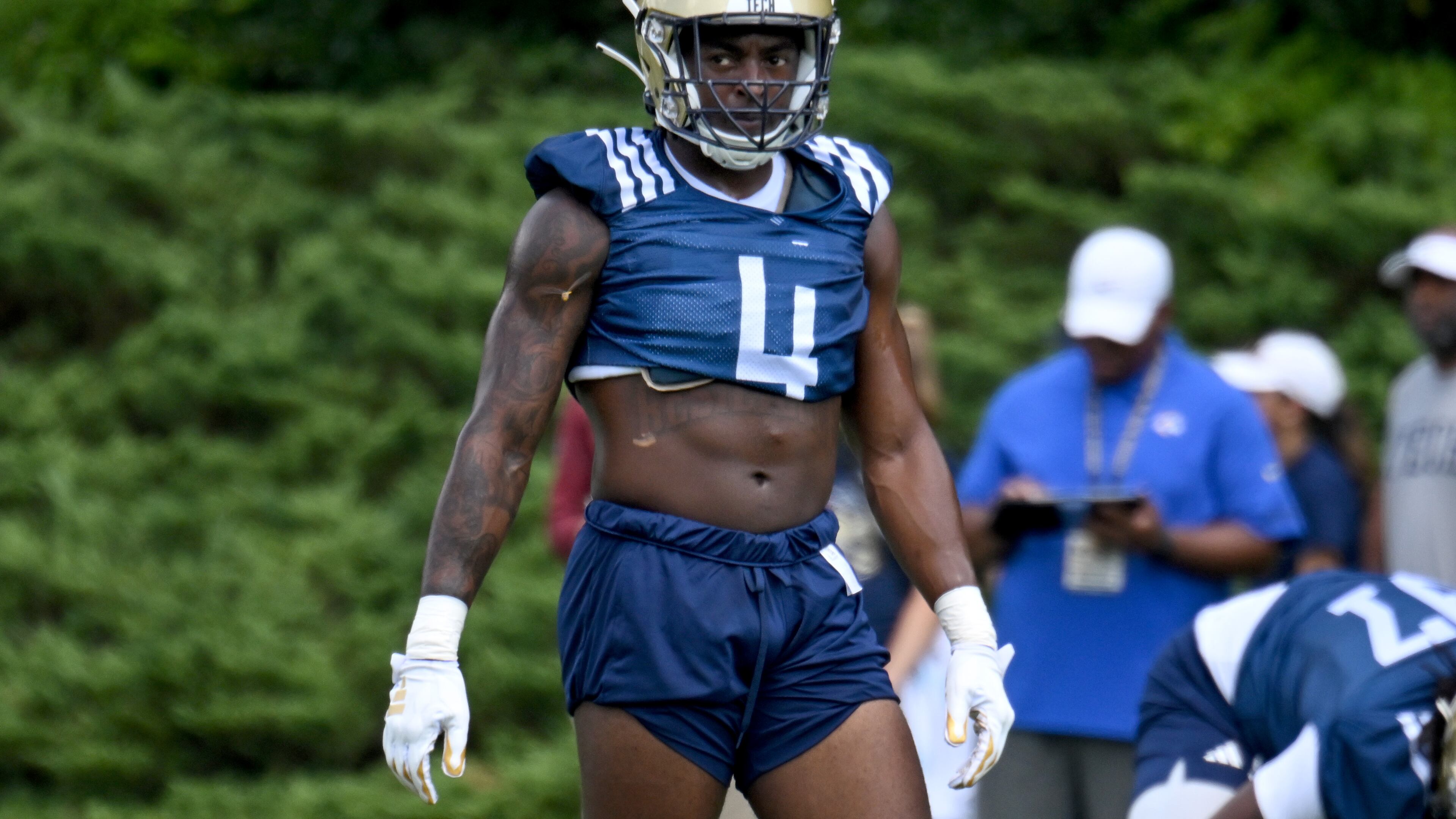 Georgia Tech's linebacker Braelen Oliver (4) warms up during a training camp at Georgia Tech’s Rose Bowl Field, Tuesday, August 1, 2023, in Atlanta. (Hyosub Shin / Hyosub.Shin@ajc.com)