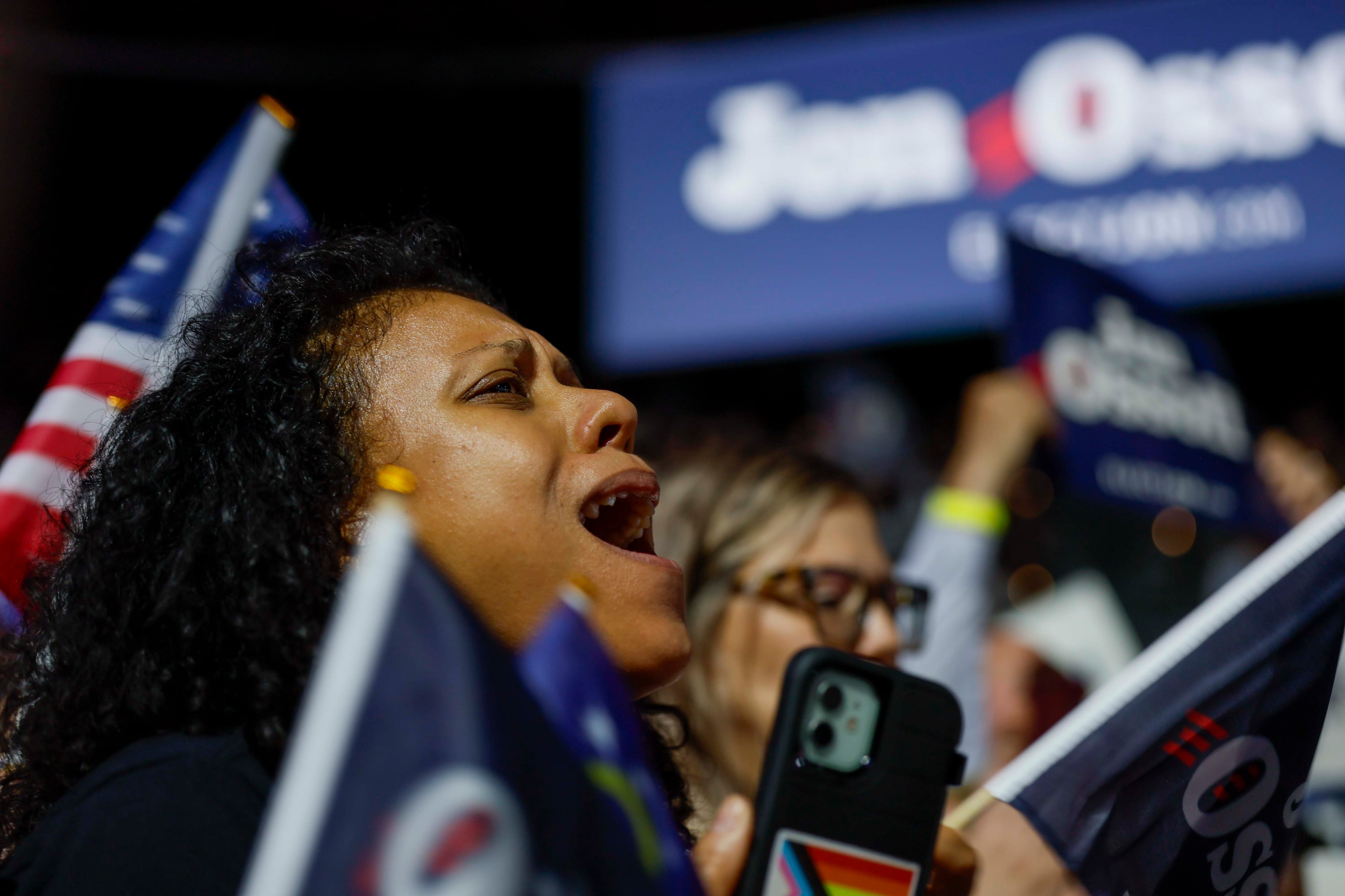 A U.S. Sen. Jon Ossoff supporter reacts as they see him speak onstage at a campaign rally at the Center Stage Theater on Sunday, Aug. 16, 2026. (Miguel Martinez/AJC)