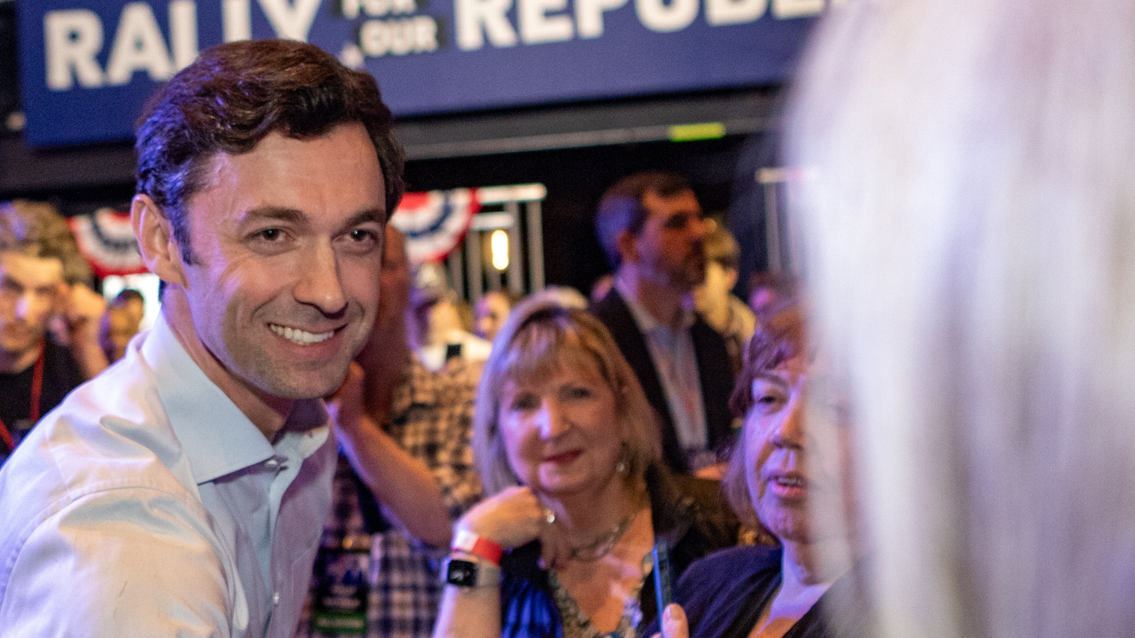 U.S. Jon Ossoff, a Georgia Democrat, greets supporters after a “Rally for the Republic” at The Eastern on Saturday, March 22, 2025. (Jenni Girtman for the AJC)