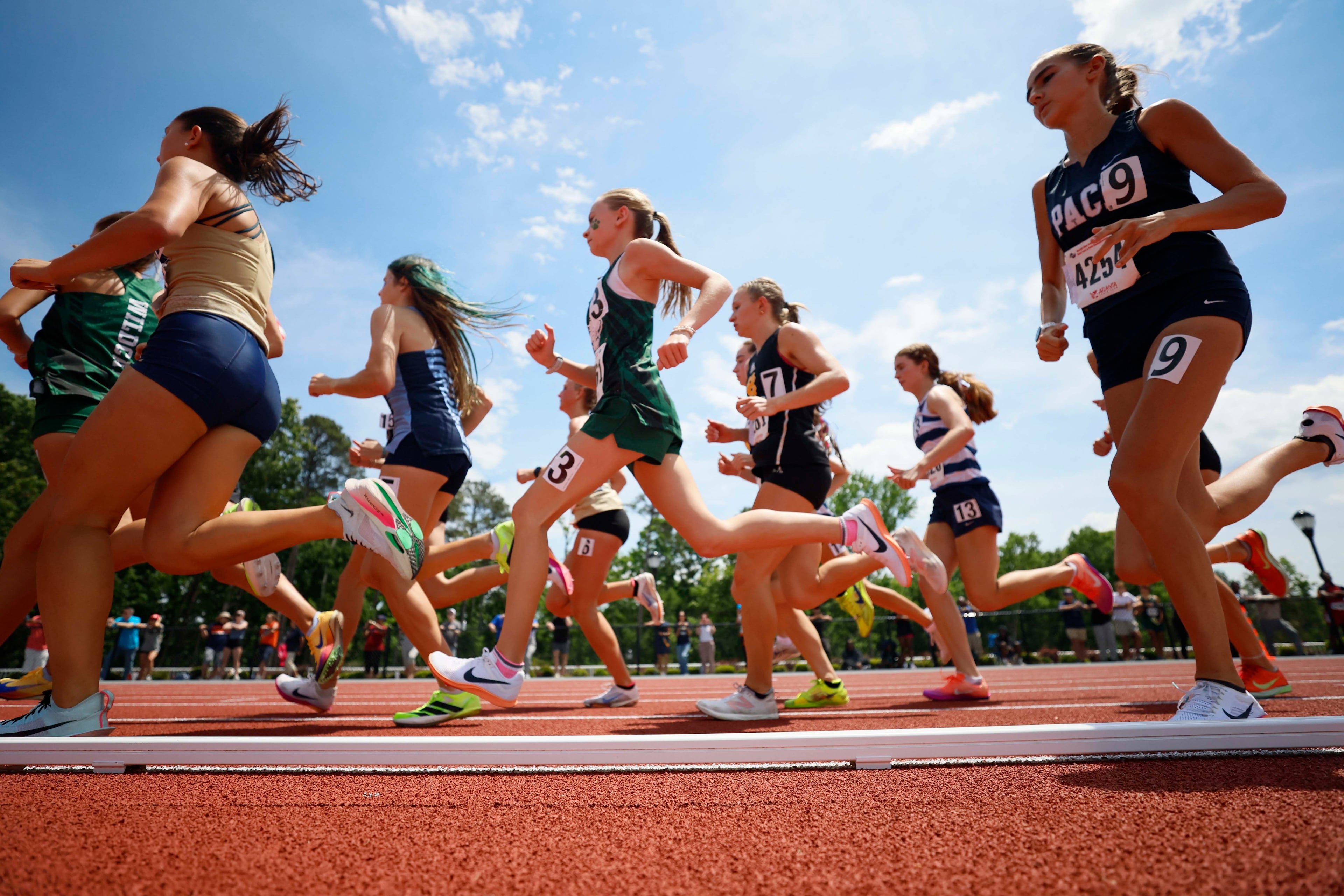 Runners compete in the Girls 1600-meter Run AAAA at the GHSA track and field state championships at UGA Spec Towns Track on Monday, May 11, 2026, in Athens.
(Miguel Martinez/AJC)