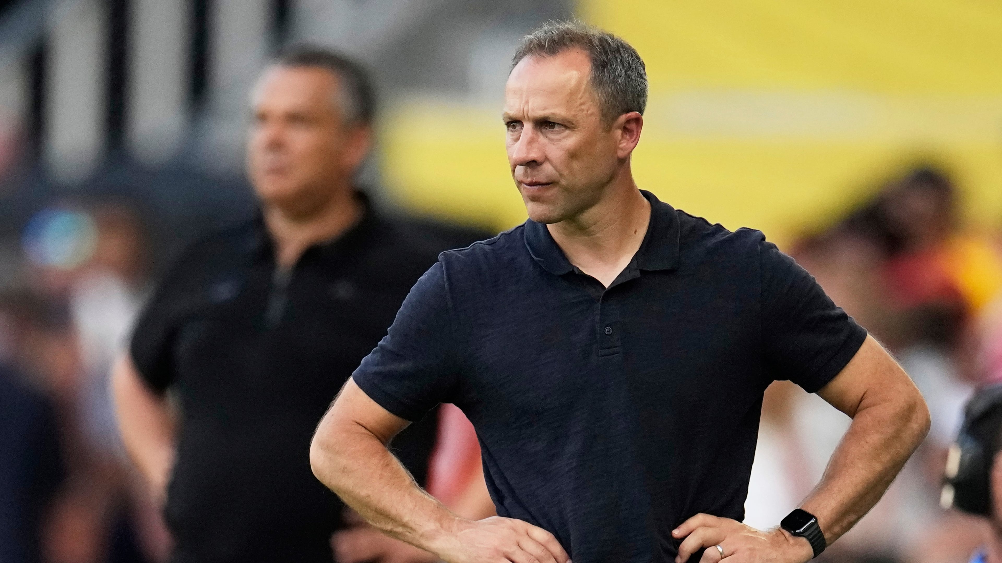 FILE - Los Angeles FC manager Steve Cherundolo reacts during the Club World Cup Group D soccer match between Los Angeles FC and ES Tunisie in Nashville, Tenn., June 20, 2025. (AP Photo/George Walker IV, File)
