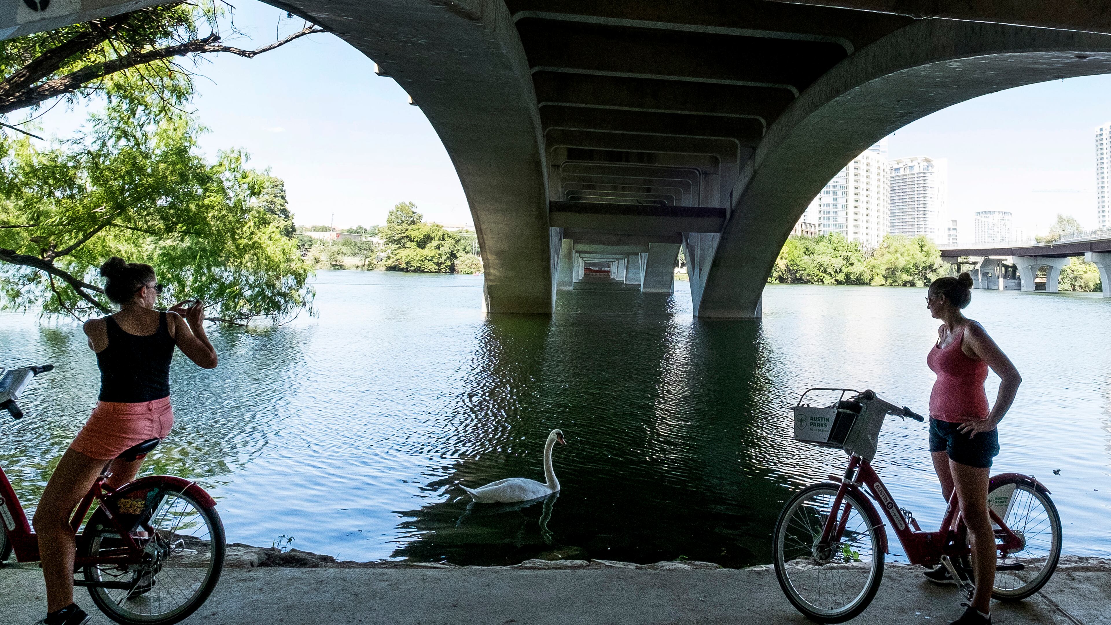 September 19, 2016 - Arlene Mav, of Australia, left, and Jane Jones, of the United Kingdom, right, stop along the hike and bike trail below the Lamar Boulevard Bridge to take a picture of a goose hanging out in the shade of the bridge in Austin, Texas, on Monday, Sept. 19, 2016. (AUSTIN AMERICAN-STATESMAN / RODOLFO GONZALEZ)