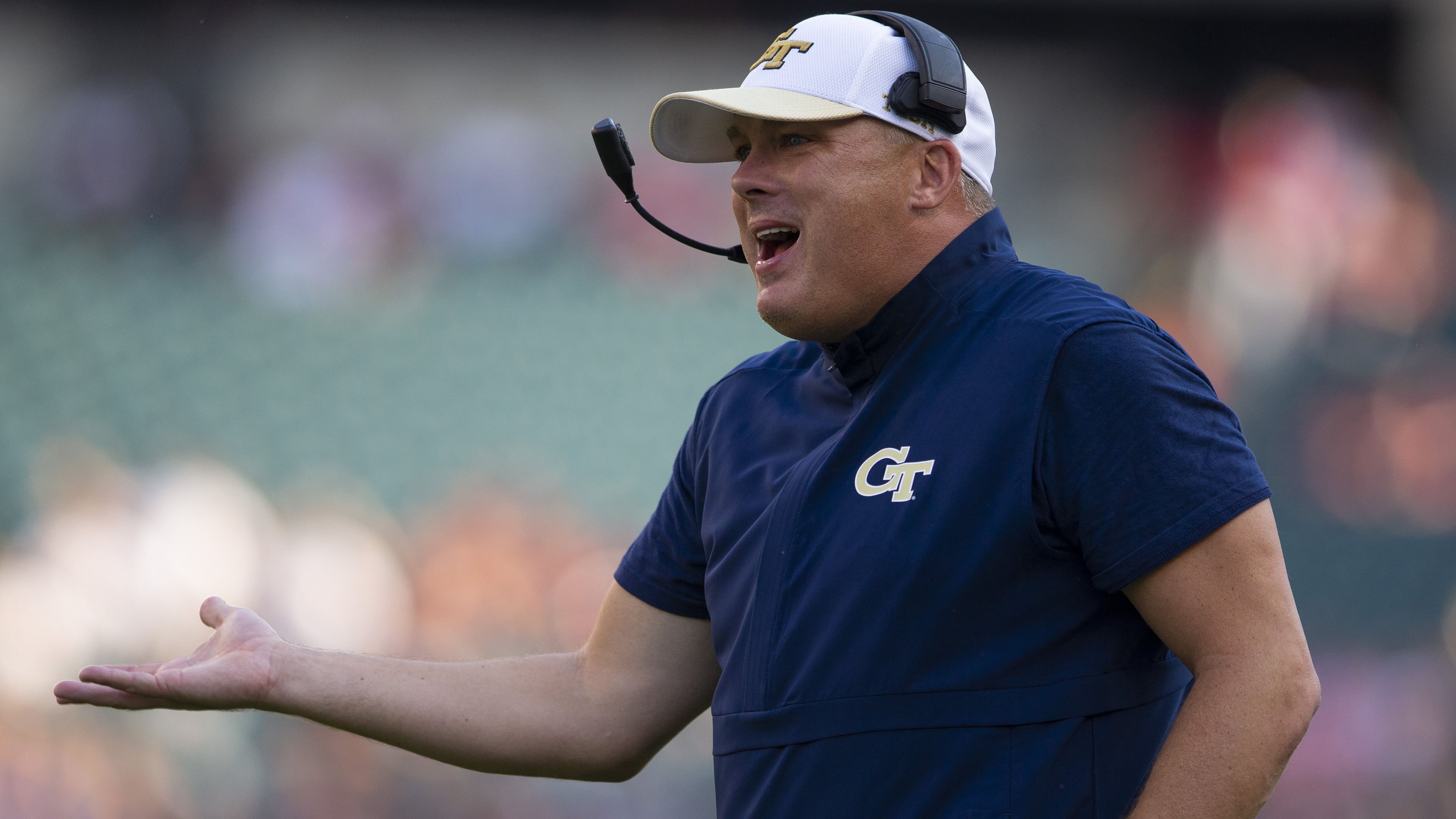 Georgia Tech head coach Geoff Collins, who coached the Temple Owls last season, reacts to a call in the second quarter of Saturday's Georgia Tech-Temple matchup in Philadelphia. (Photo by Mitchell Leff/Getty Images)