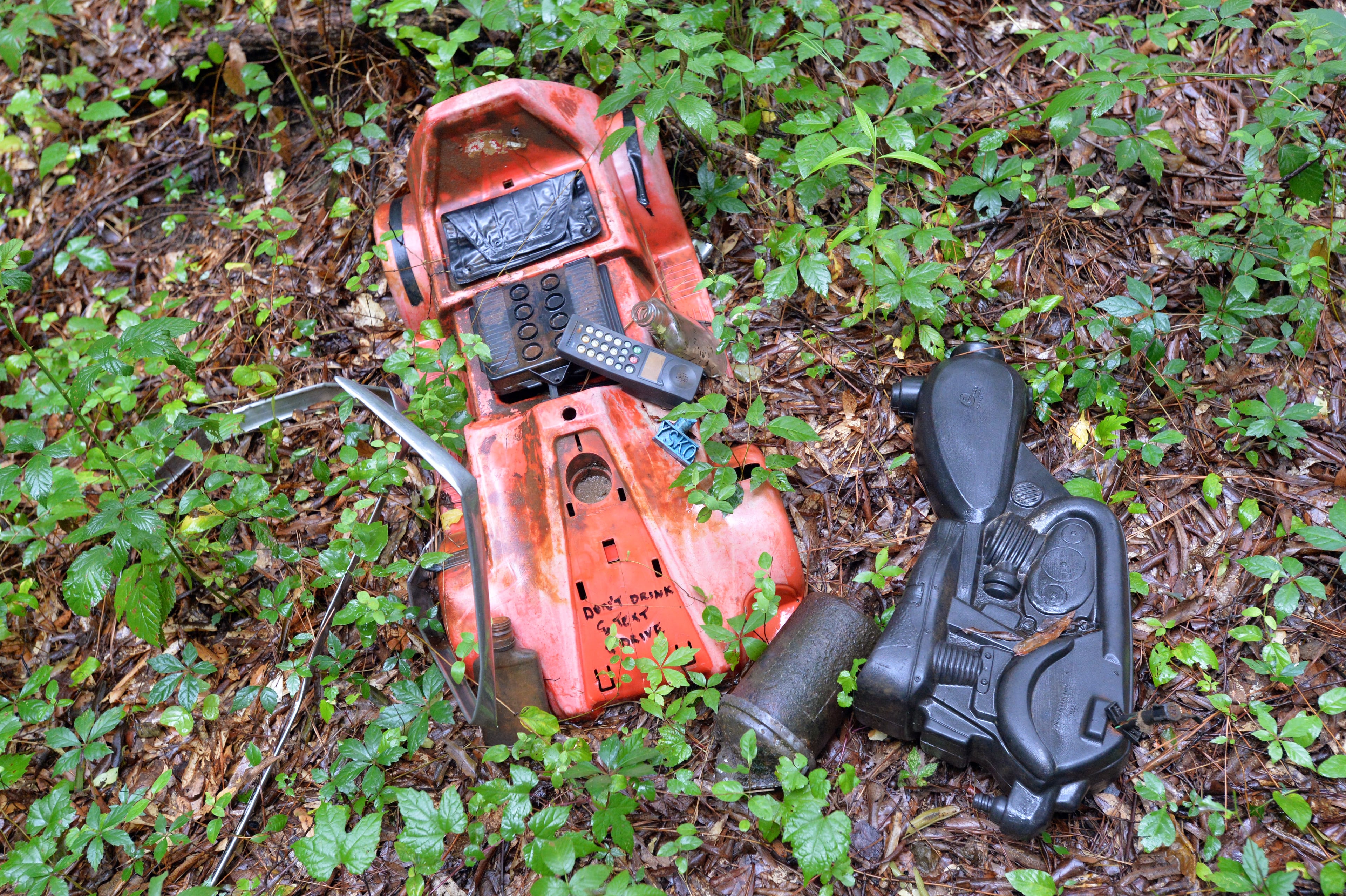 July 19, 2014 Atlanta - Picture shows one of "found art" pieces at Dolls Head Trail on Saturday, July 19, 2014. Personal Journey on Joel Slaton, a carpenter who dealt with being underemployed about three years ago by wandering through on Constitution Lakes Park in Southwest DeKalb. He started picking up garbage that had been dumped off there for years and created a series of whimsical and creepy "found art" pieces, along a literally off-the-beaten path area he dubbed "Dolls Head Trail." The park itself has only existed for about five years -- it's in an industrial area, on the site of what was once an old brickworks plant and near the old prison farm. HYOSUB SHIN / HSHIN@AJC.COM