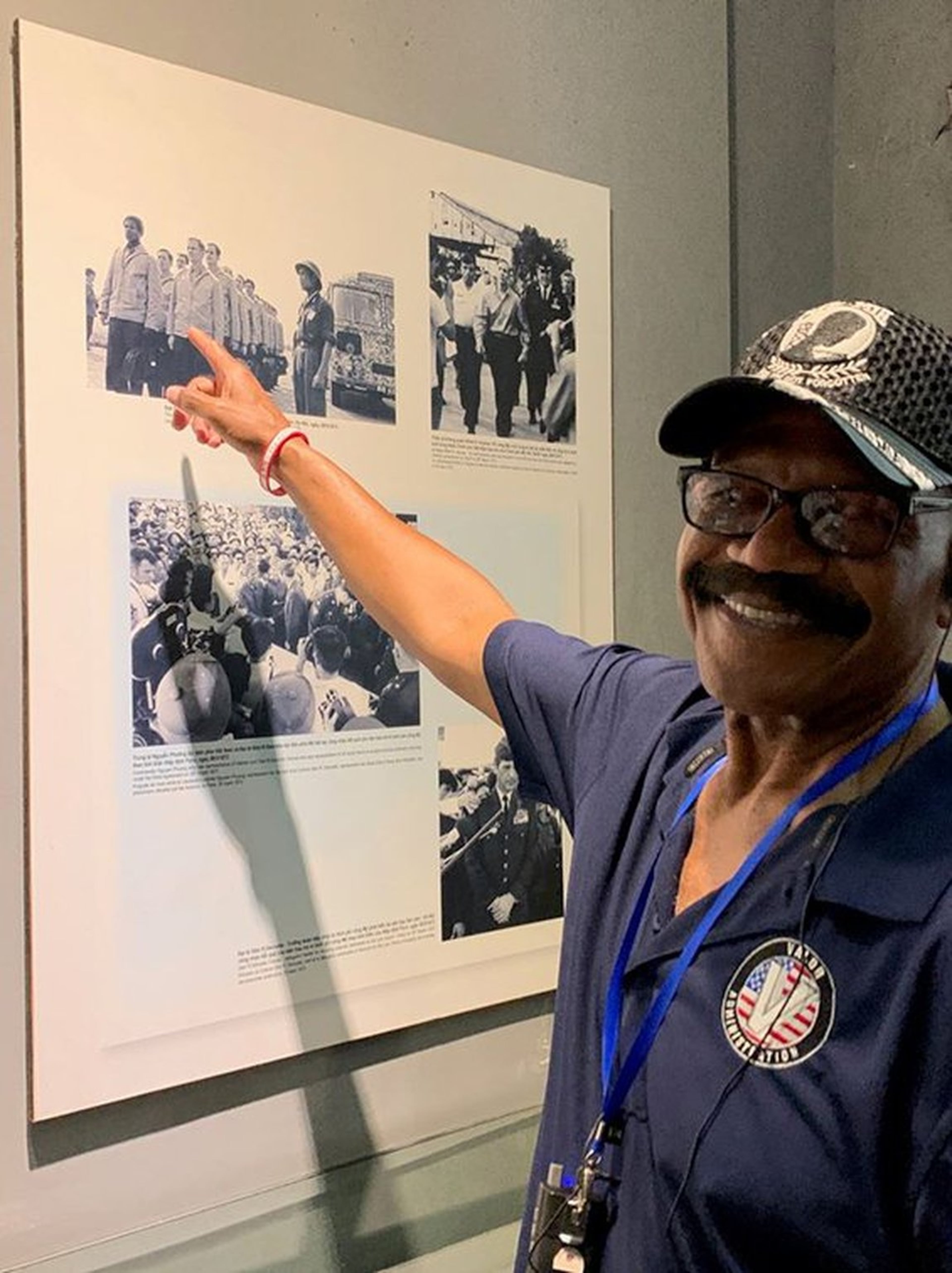 Lt. Col. James W. Williams points to a photograph of himself from 1973, when he was released from the Hanoi Hilton, where he was a POW, in 1973. Williams returned to Hanoi this past October.