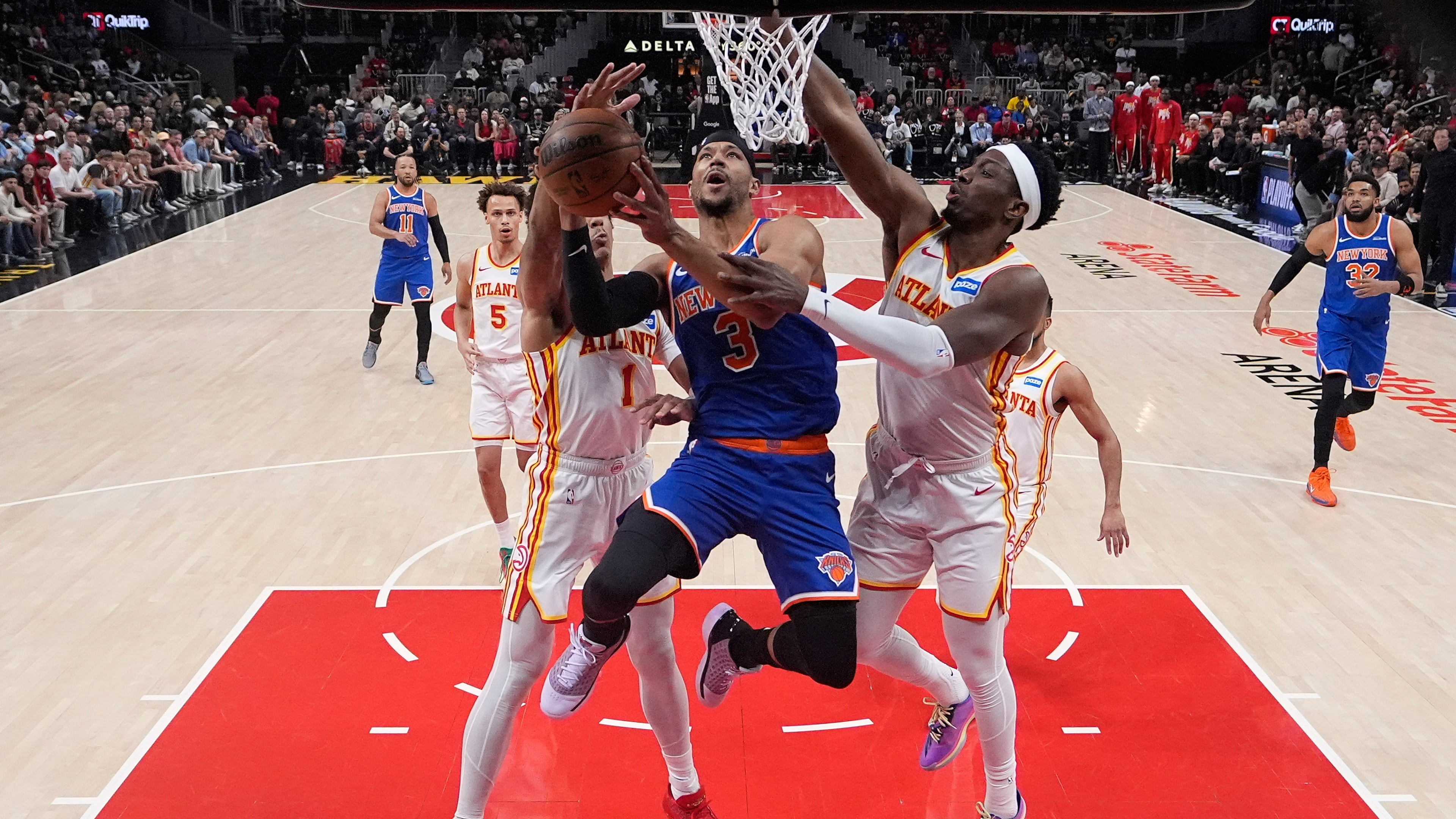 New York Knicks guard Josh Hart (3) shoots during Game 6 in a first-round NBA basketball playoffs series Thursday, April 30, 2026, in Atlanta. (AP Photo/Brynn Anderson)