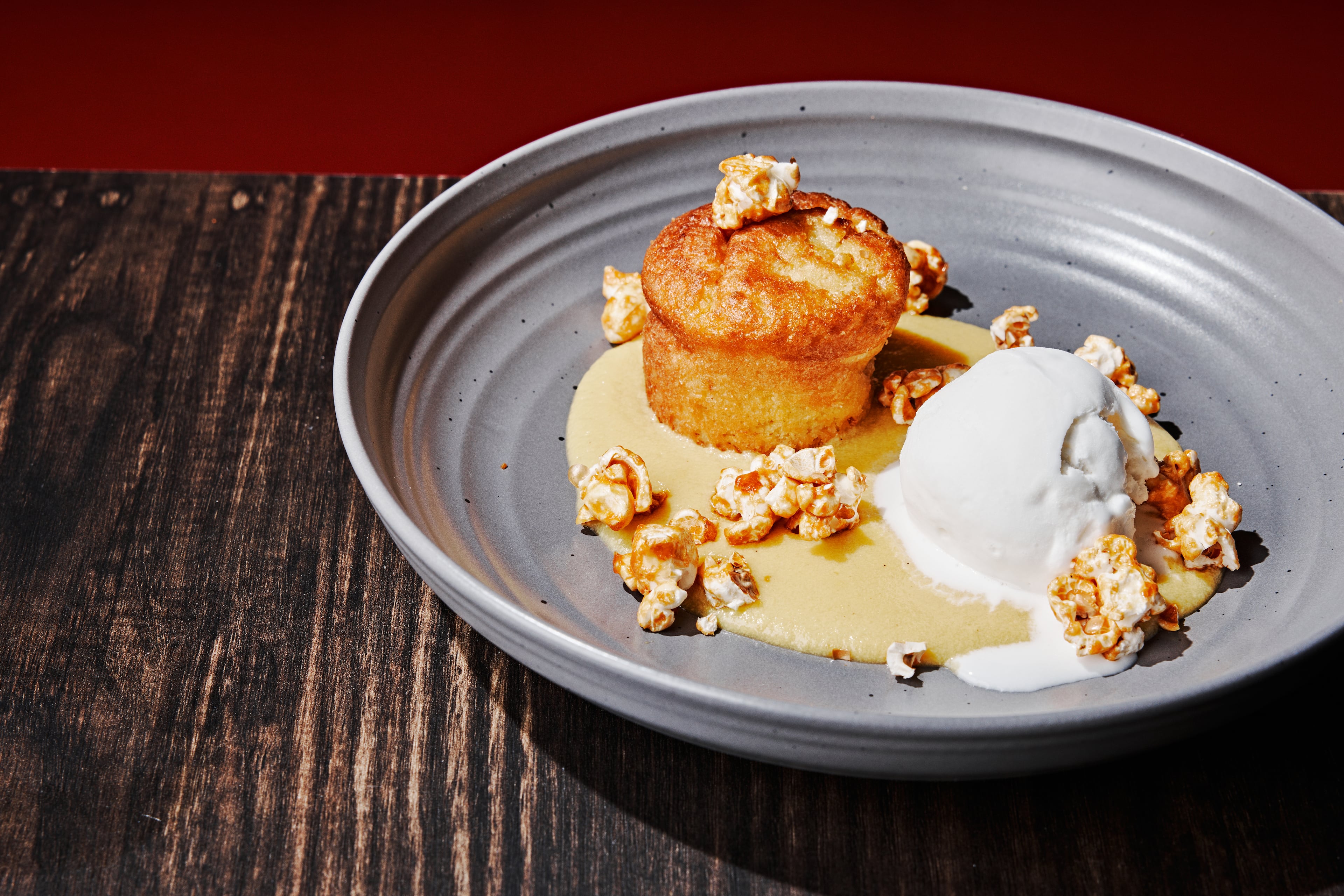 The maiz en texturas dessert at Casa Robles celebrates corn through different textures: moist cake, smooth ice cream, crunchy caramel popcorn and a warm sauce. Courtesy of Andrew Thomas Lee