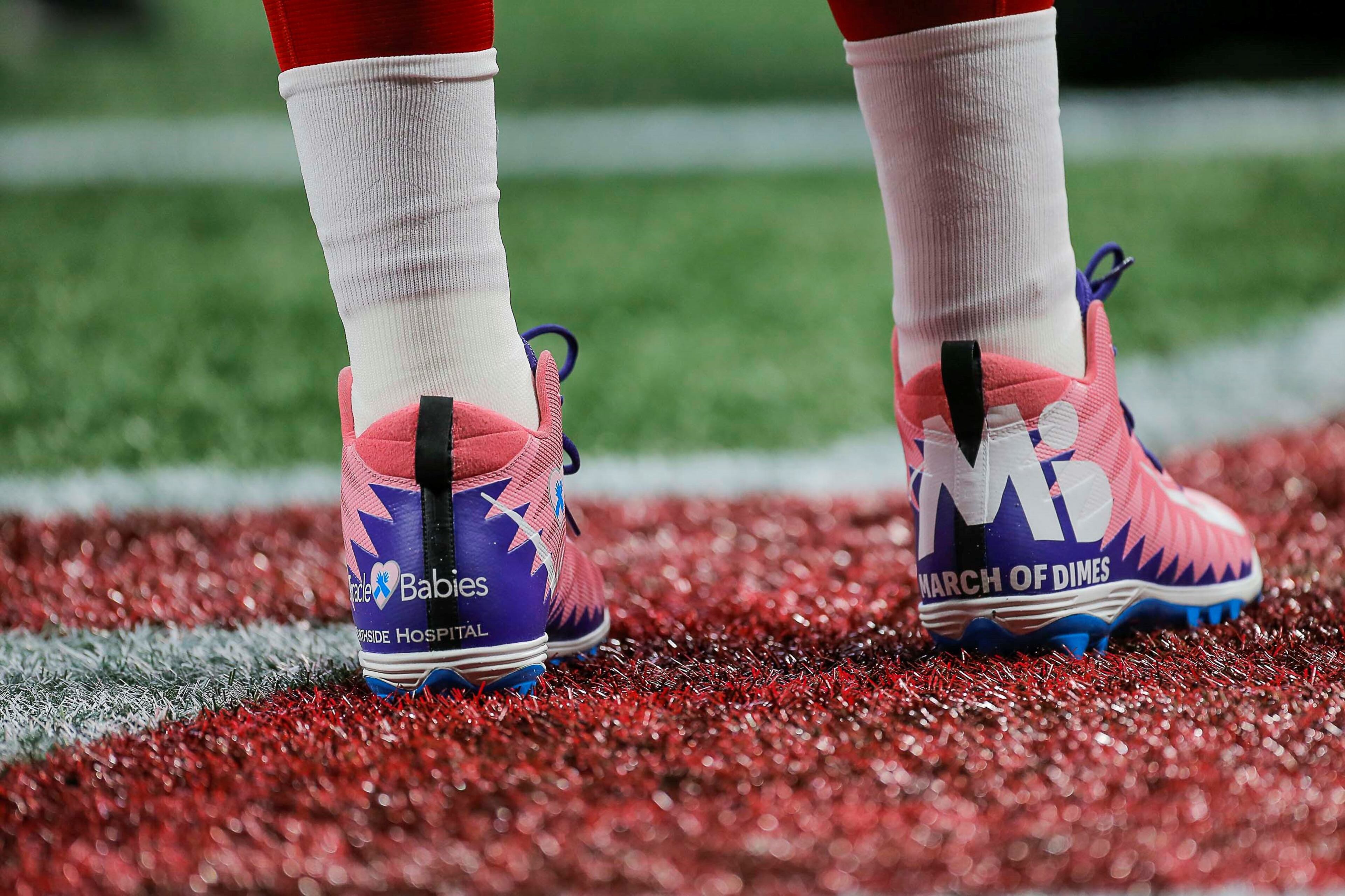 12/08/2019 -- Atlanta, Georgia -- Atlanta Falcons quarterback Matt Ryan (2) wears Northside Hospital March of Dimes cleats before the start of a NFL football game against the Carolina Panthers at Mercedes-Benz Stadium in Atlanta, Sunday, December 8, 2019. (ALYSSA POINTER/ALYSSA.POINTER@AJC.COM)