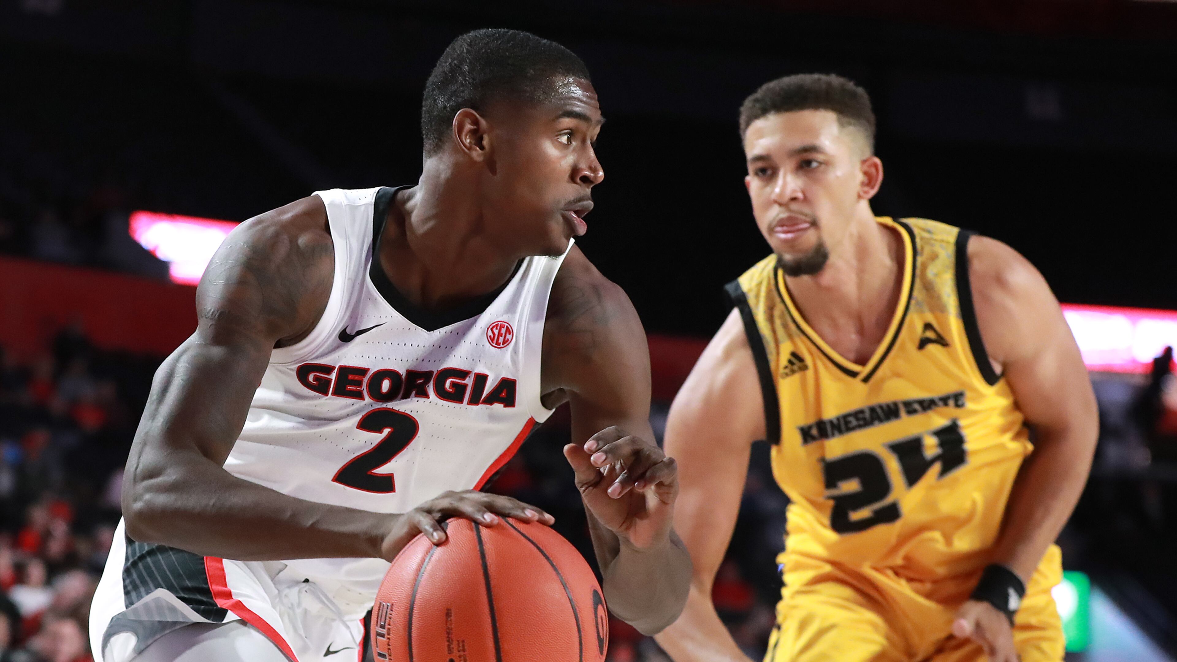 Nov 27, 2018 Athens: Georgia guard Jordan Harris drives against Kennesaw State forward Bryson Lockley during the second half in their NCAA college basketball game on Tuesday, Nov. 27, 2018, in Athens. Curtis Compton/ccompton@ajc.com
