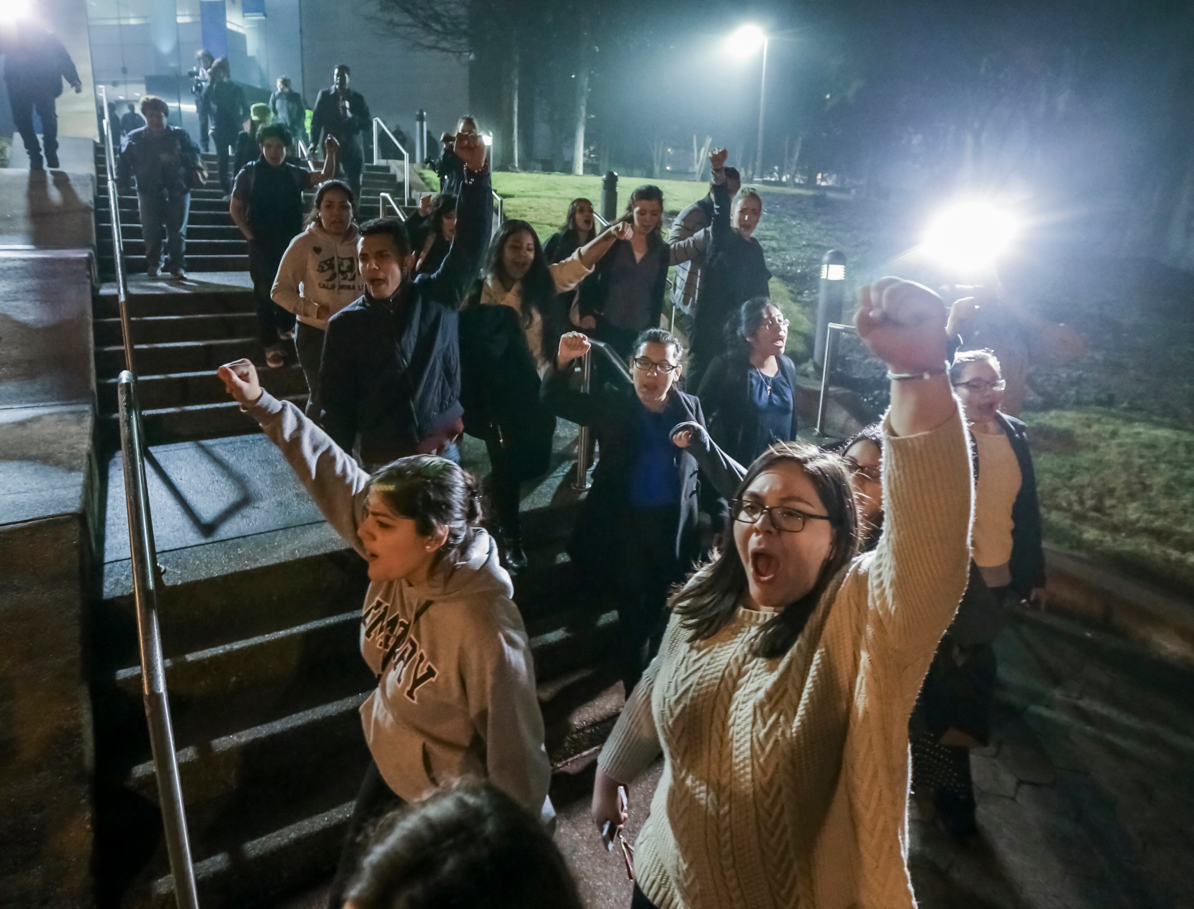STATING THEIR CAUSE--February 2, 2016 Atlanta: Eight students were arrested at Georgia State University when they refused to leave a protest Tuesday, Feb. 2, 2016 over a Georgia Supreme Court decision rejecting lower tuition for immigrants without legal status. Police identified the protesters as Pedro Castillo-Pastor, Edgar Barrios-Ortiz, Colin Rainey-Slavick, Brenda Gonzales-Castro, Melanie Rivas-Triana, Luisa Stainback, Angie Itzell Delarca and Arizbet Sanchez-Guiterrez. The protesters had occupied the first floor of Centennial Hall since Monday, students and university officials said. Georgia State spokeswoman Andrea Jones said university police asked the protesters to vacate the building Tuesday, and most of them left. "The eight arrested refused to leave," she said in a statement. "Police said the protesters had been disruptive earlier this morning, and they were concerned about possible disruption in the building at the start of the university's workday." Carlton Mullis, the deputy chief of police at Georgia State, said police intended to let students continue their sit-in Monday. "But overnight, at about 1:30 or 2 o'clock, they tried to surge the elevator to go upstairs, which we're not going to allow," Mullis said. "And they started shoving and pushing our police officers and became disruptive." Mullis said the students will be charged with criminal trespassing. JOHN SPINK /JSPINK@AJC.COM