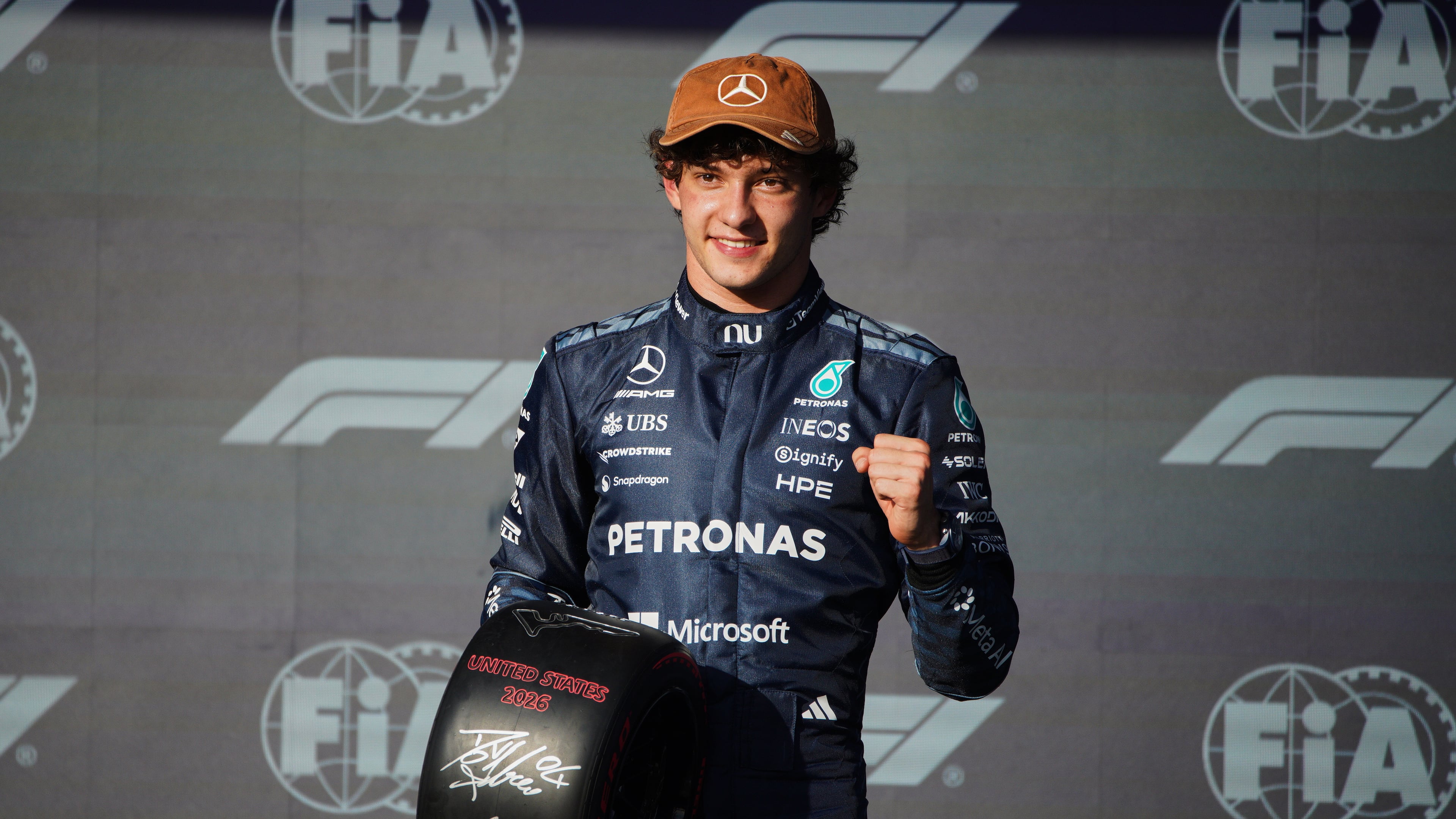 Mercedes driver Kimi Antonelli, of Italy, poses for a photo after winning the pole position for the Formula One United States Grand Prix auto race in Austin, Texas, Saturday, Oct. 24, 2026. (Dustin Safranek/Pool Photo via AP)