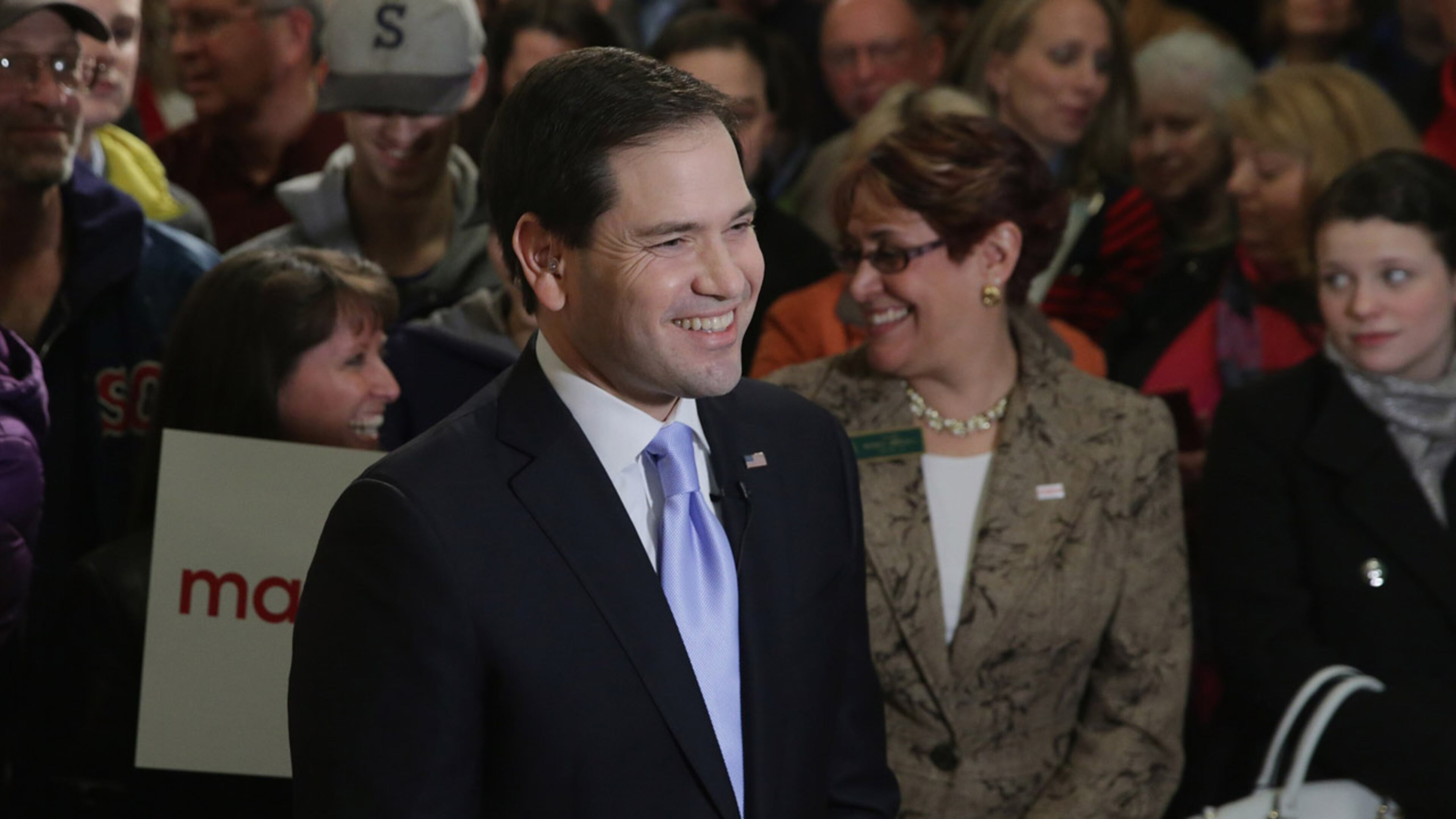 Republican presidential candidate Sen. Marco Rubio (R-FL) arrives at a campaign rally in the Exeter Town Hall February 2, 2016 in Exeter, New Hampshire. Rubio is campaigning in New Hampshire the day after placing third in Monday's Iowa caucuses, finishing one percentage point behind Donald Trump and four points behind the leader, Sen. Ted Cruz (R-TX). (Photo by Chip Somodevilla/Getty Images)