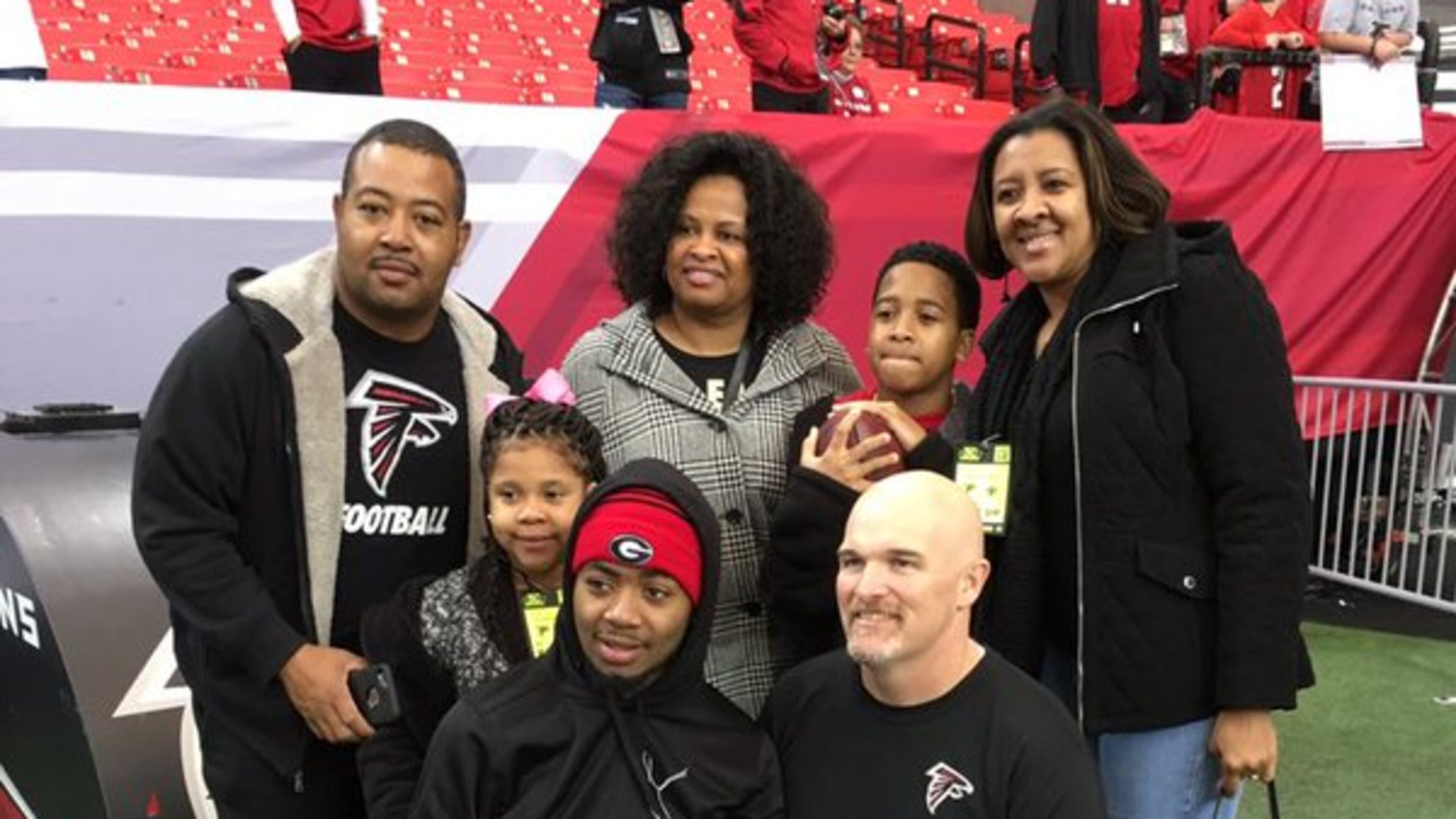 Coach Quinn hosting Southern football player Devon Gales at today's Falcons vs. Saints game. Photo via Atlanta Falcons Twitter (@AtlantaFalcons)