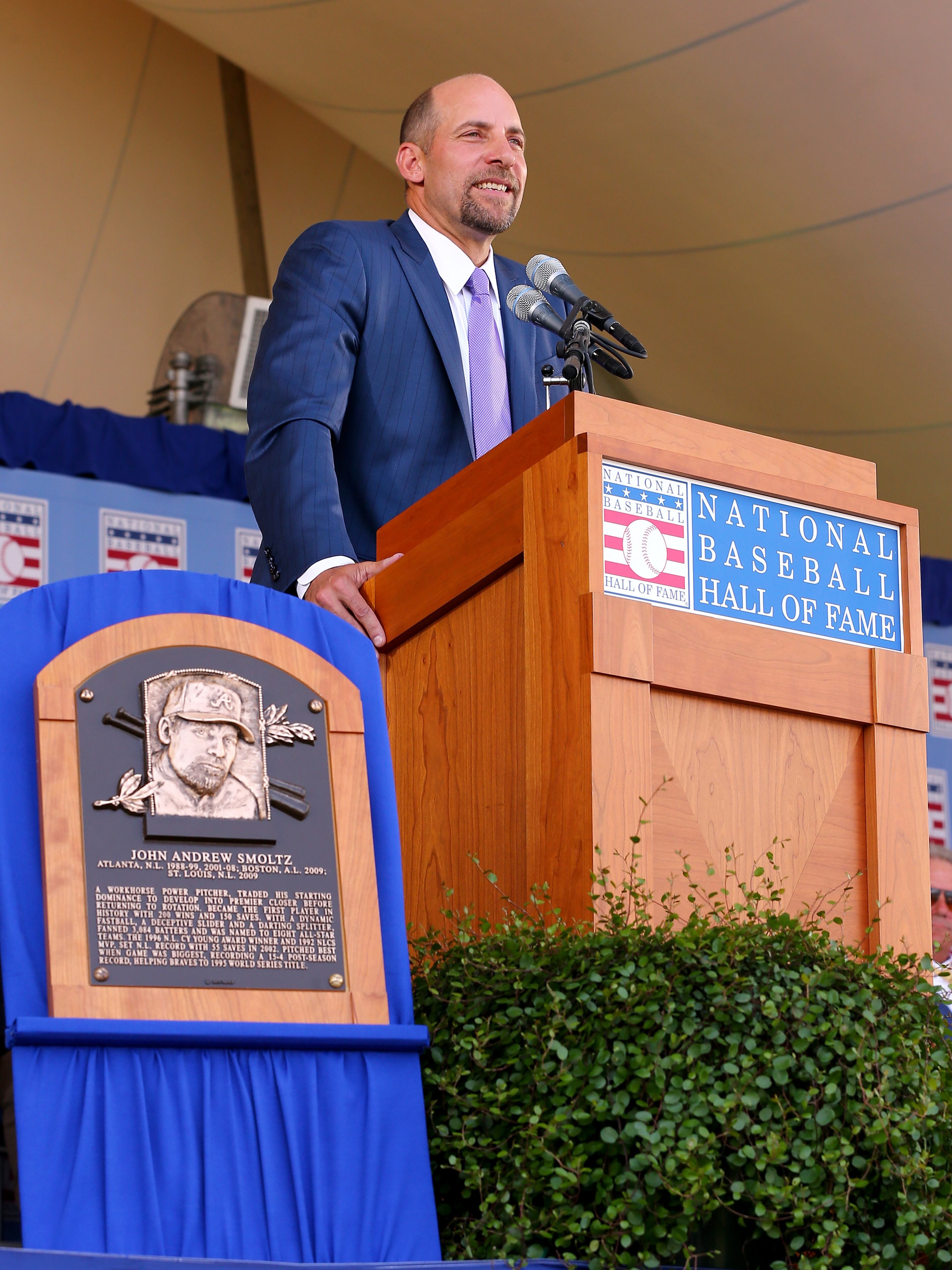 COOPERSTOWN, NY - JULY 26: John Smoltz speaks during the Hall of Fame Induction Ceremony at National Baseball Hall of Fame on July 26, 2015 in Cooperstown, New York.Smoltz was inducted with Pedro Martinez,Craig Biggio and Randy Johnson (Photo by Elsa/Getty Images)