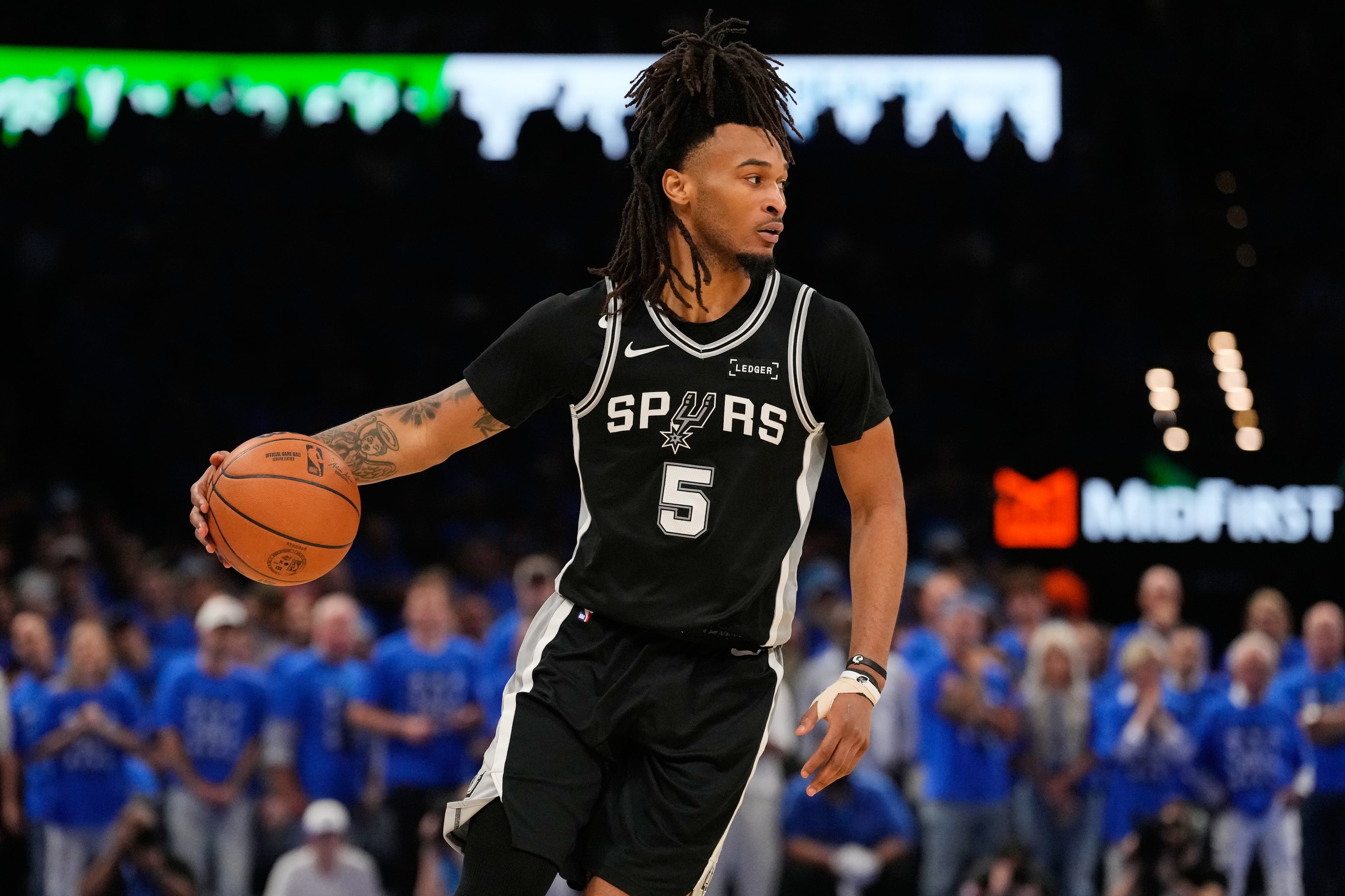 The Spurs' Stephon Castle — pictured during San Antonio's Game 7 win over the defending champion Thunder on May 30 — is averaging 19 points, 6.3 assists and five rebounds in 21 playoff games. (Tony Gutierrez/AP)