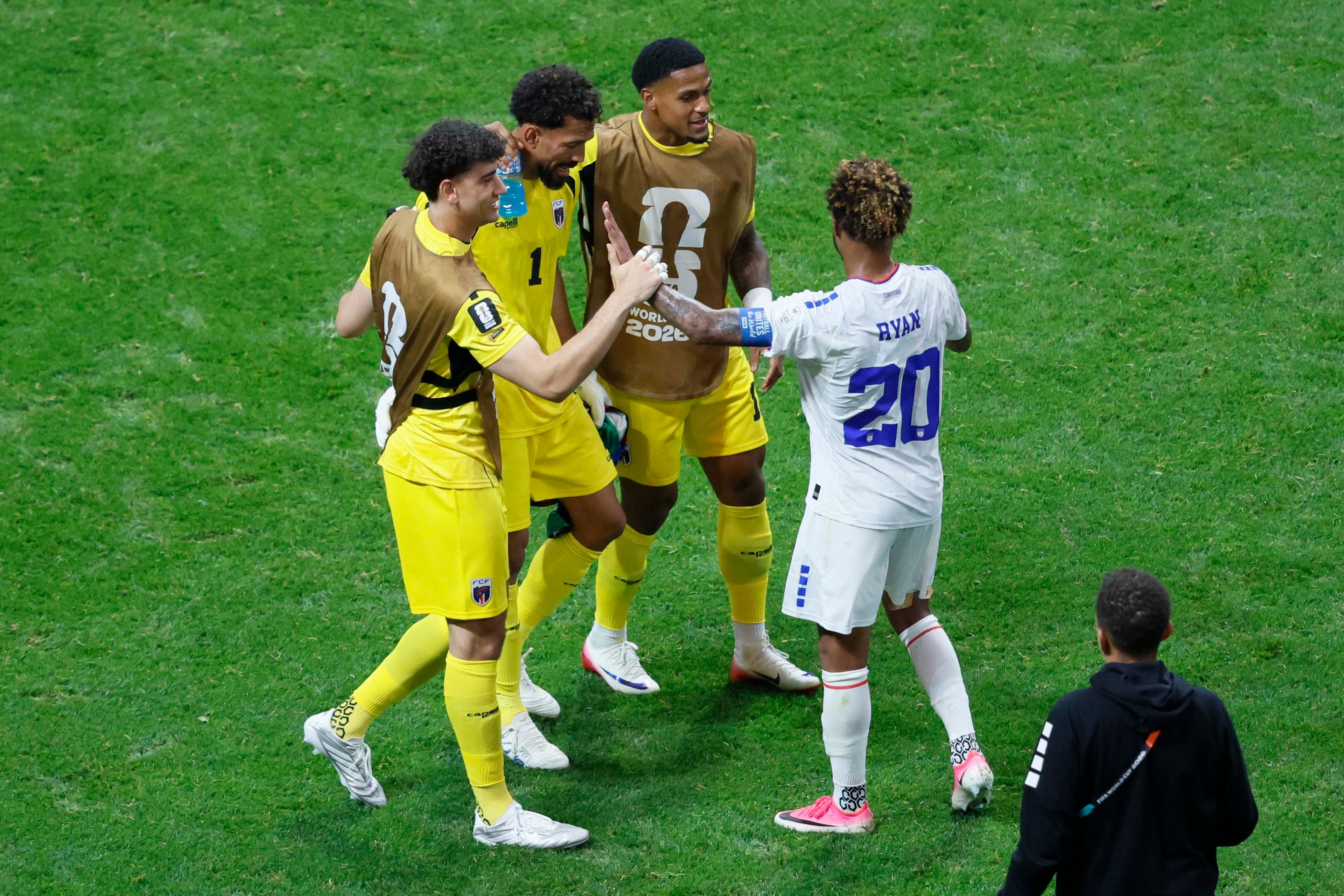 Cape Verde goalkeeper Vozinha (1) is embraced by teammates after being named the MVP of the match during a World Cup Group H soccer game at Atlanta Stadium (Mercedes-Benz Stadium) on Monday, June 15, 2026. (Miguel Martinez/AJC)