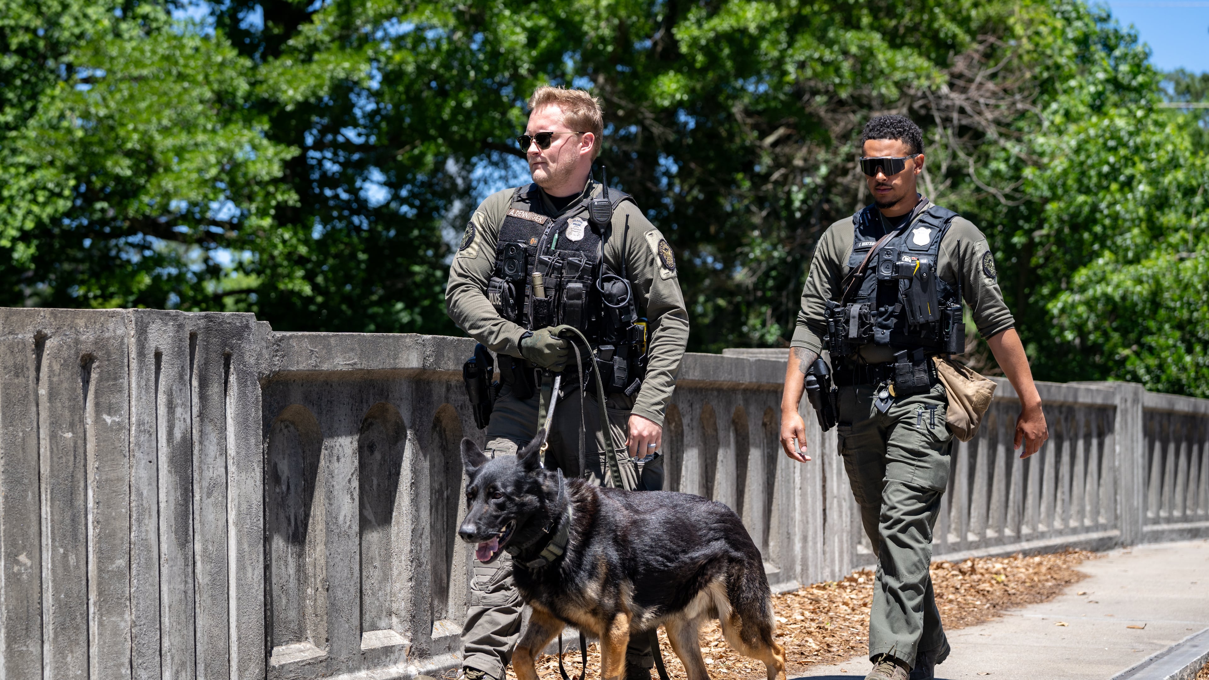 Atlanta Police K9 officers search the scene of a stabbing on the Beltline near Montgomery Ferry Drive, Thursday, May 14, 2026. (Ben Hendren for the AJC)