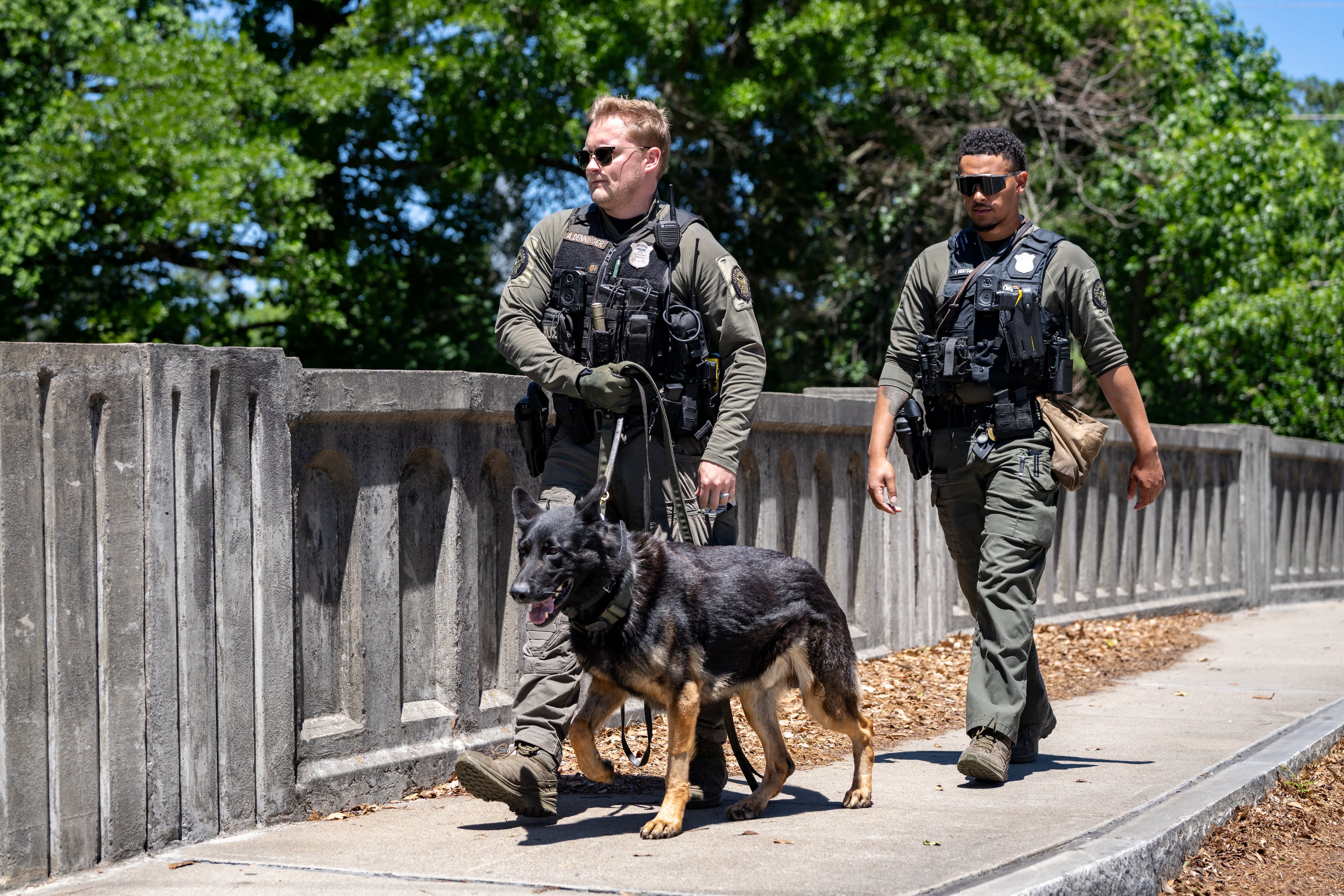 Atlanta Police K9 officers search the scene of a stabbing on the Beltline near Montgomery Ferry Drive, Thursday, May 14, 2026. (Ben Hendren for the AJC)