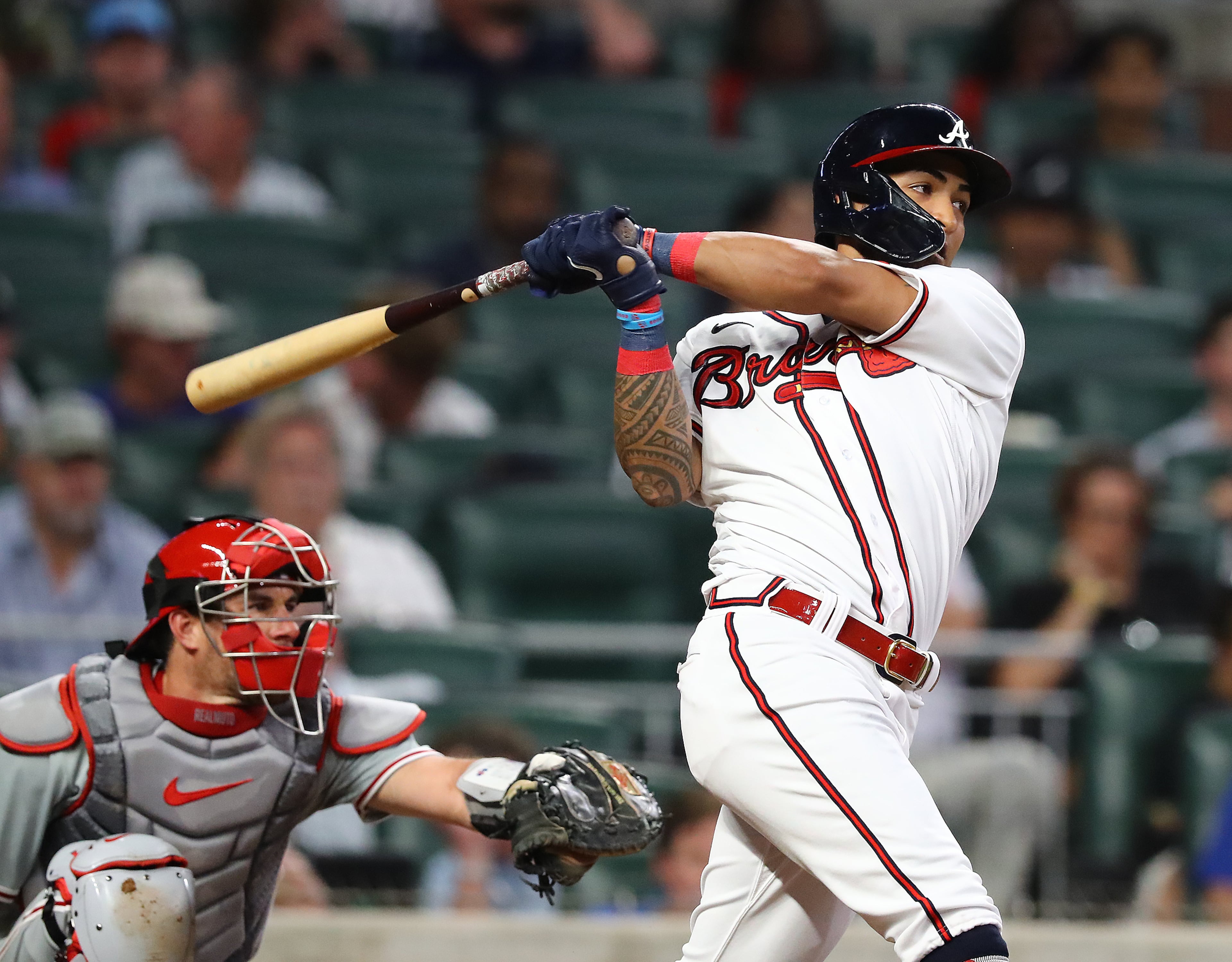 Braves outfielder Eddie Rosario hits a 2-RBI double to take a 4-1 lead over the Philadelphia Phillies during the fifth inning of a MLB baseball game on Tuesday, August 2, 2022, in Atlanta. “Curtis Compton / Curtis Compton@ajc.com
