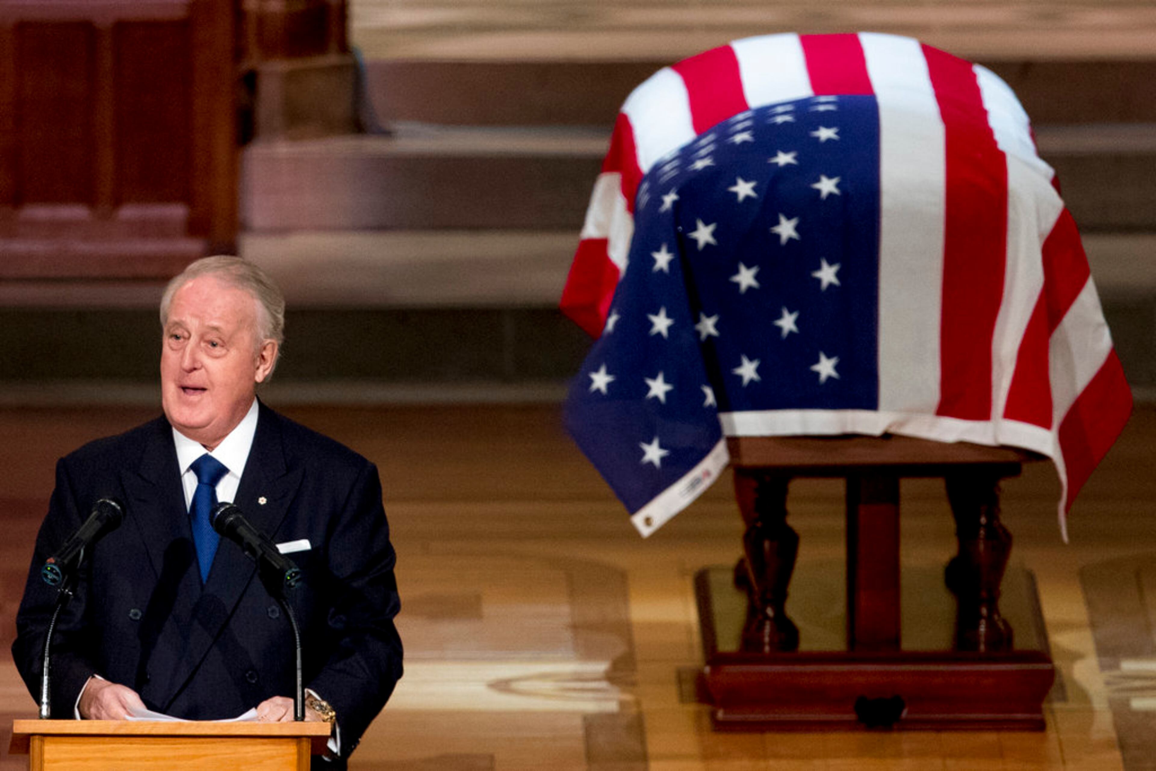 Former Canadian Prime Minister Brian Mulroney speaks during the State Funeral for former President George H.W. Bush at the National Cathedral, Wednesday, Dec. 5, 2018, in Washington. (AP Photo/Andrew Harnik, Pool)