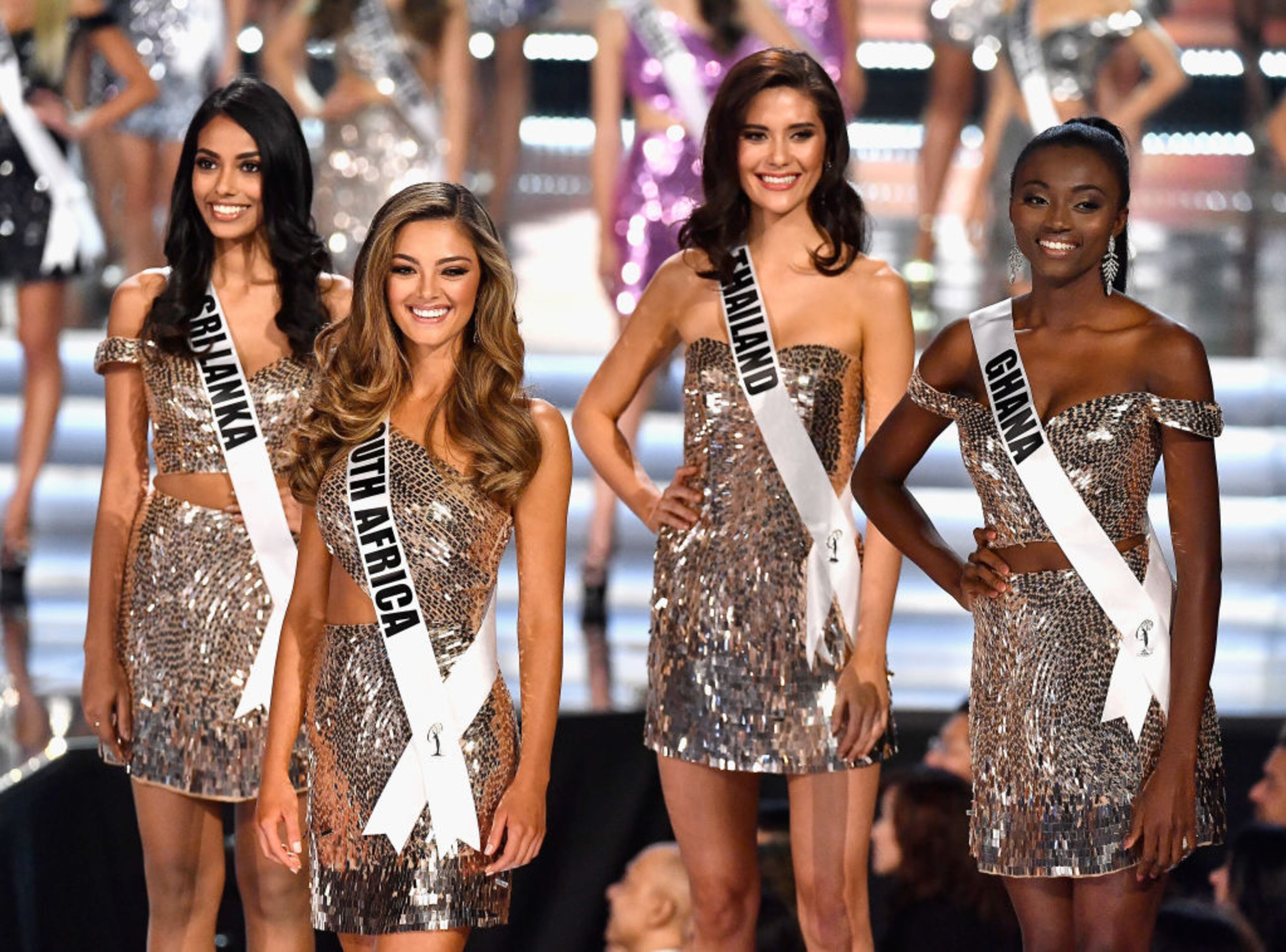 LAS VEGAS, NV - NOVEMBER 26: (L-R) Miss Sri Lanka 2017 Christina Peiris, Miss South Africa 2017 Demi-Leigh Nel-Peters, Miss Thailand 2017 Maria Poonlertlarp, and Miss Ghana 2017 Ruth Quarshie are named top 16 finalists during the 2017 Miss Universe Pageant at The Axis at Planet Hollywood Resort & Casino on November 26, 2017 in Las Vegas, Nevada. (Photo by Frazer Harrison/Getty Images)