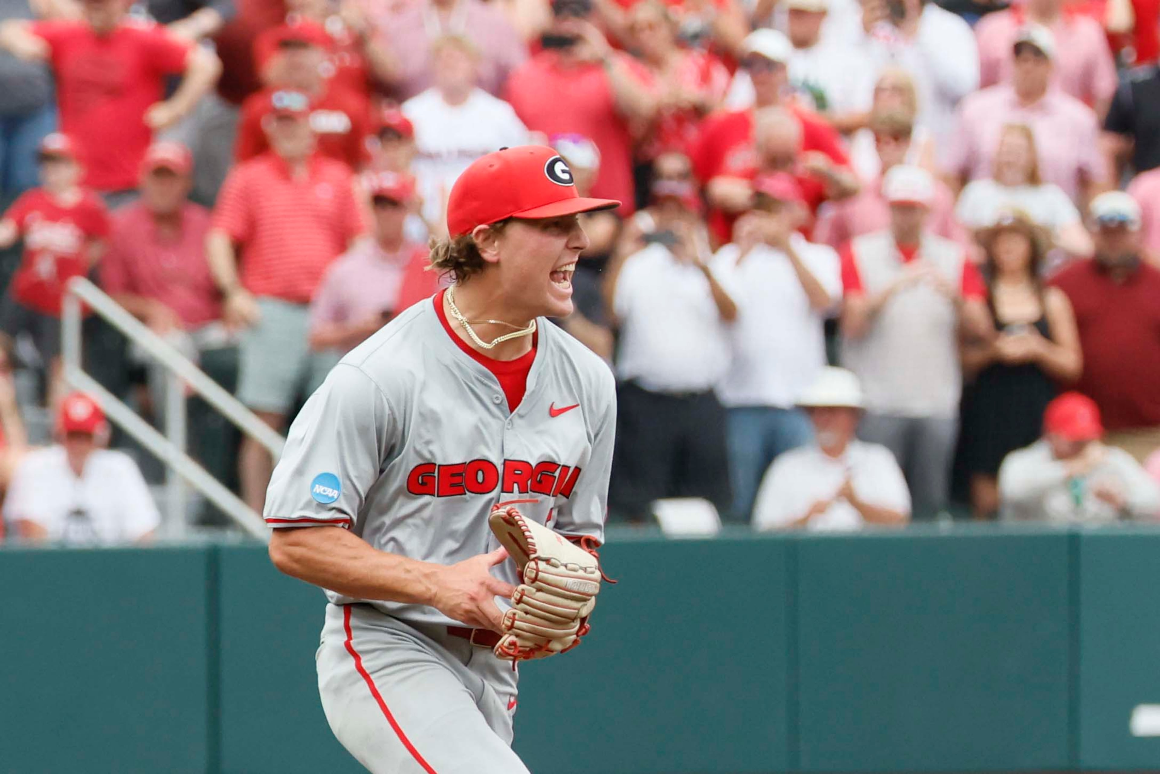 Georgia Bulldogs pitcher Justin Byrd (5) reacts after striking out the last Mississippi State batter during the tenth inning to win the NCAA Super Regional series at Foley Field, 11-9, on Sunday, June 7, 2026, in Athens. Miguel Martinez/AJC)