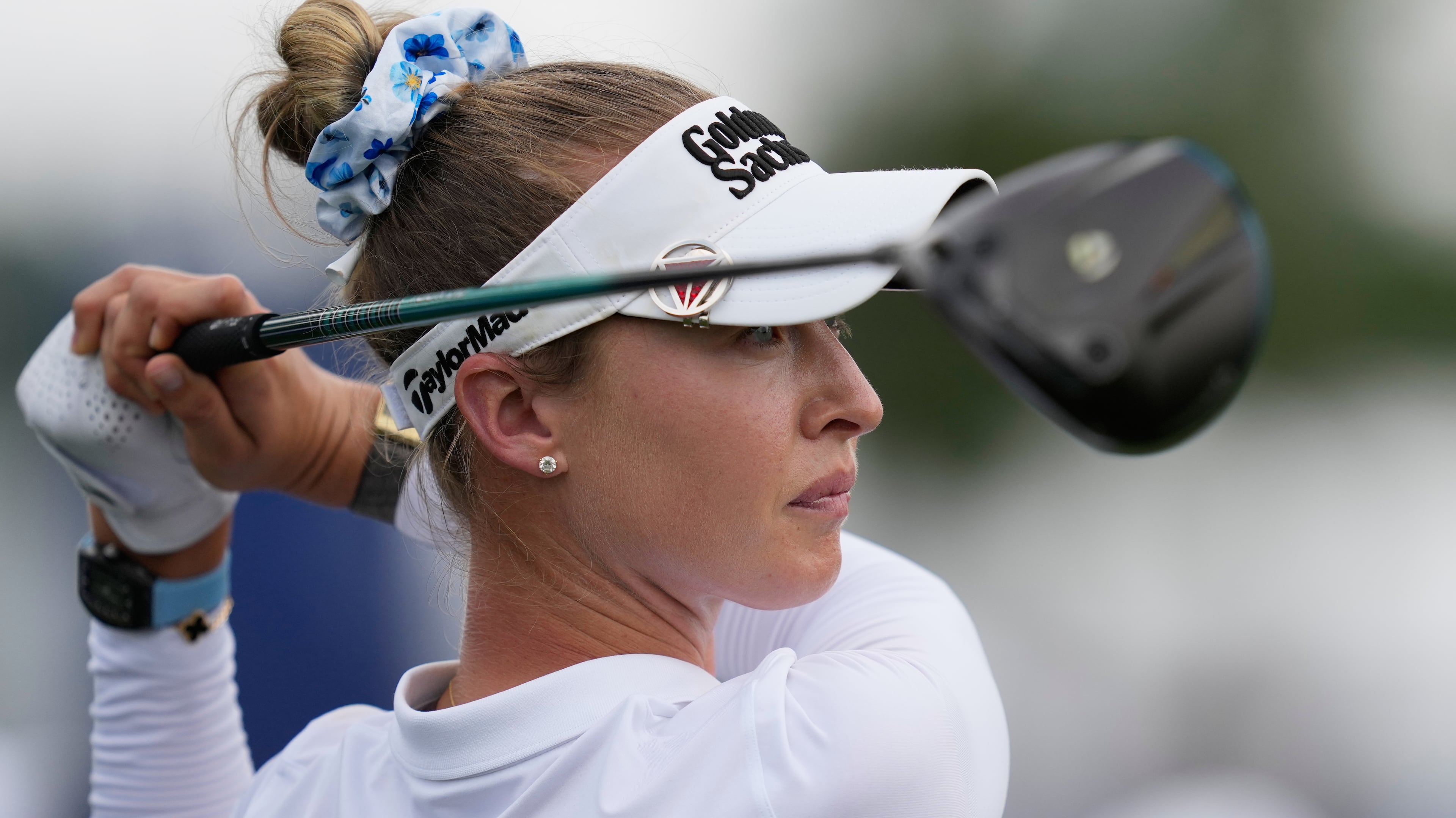 Nelly Korda watches her tee shot on the 12th hole during the third round of the Chevron Championship LPGA golf tournament Saturday, April 25, 2026, in Houston. (AP Photo/David J. Phillip)