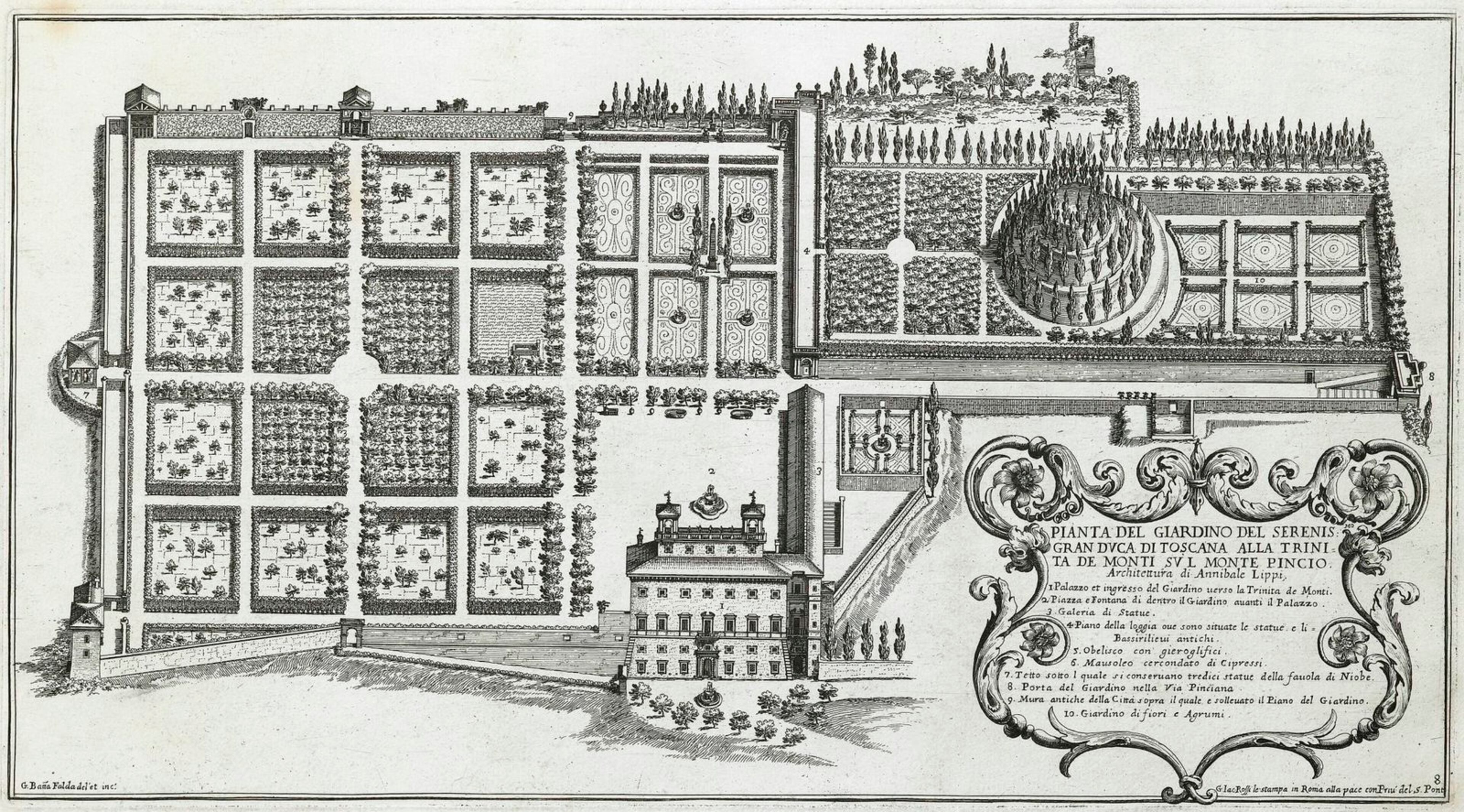 Giovanni Battista Falda (Italian, 1643-1678) View of the Garden of the Grand Duke of Tuscany on the Pincian Hill and Plan of the Garden of the Grand Duke of Tuscany, ca. 1688 From Li Giardini di Roma Etchings Photo credit: Photos by Bruce M. White, 2008.