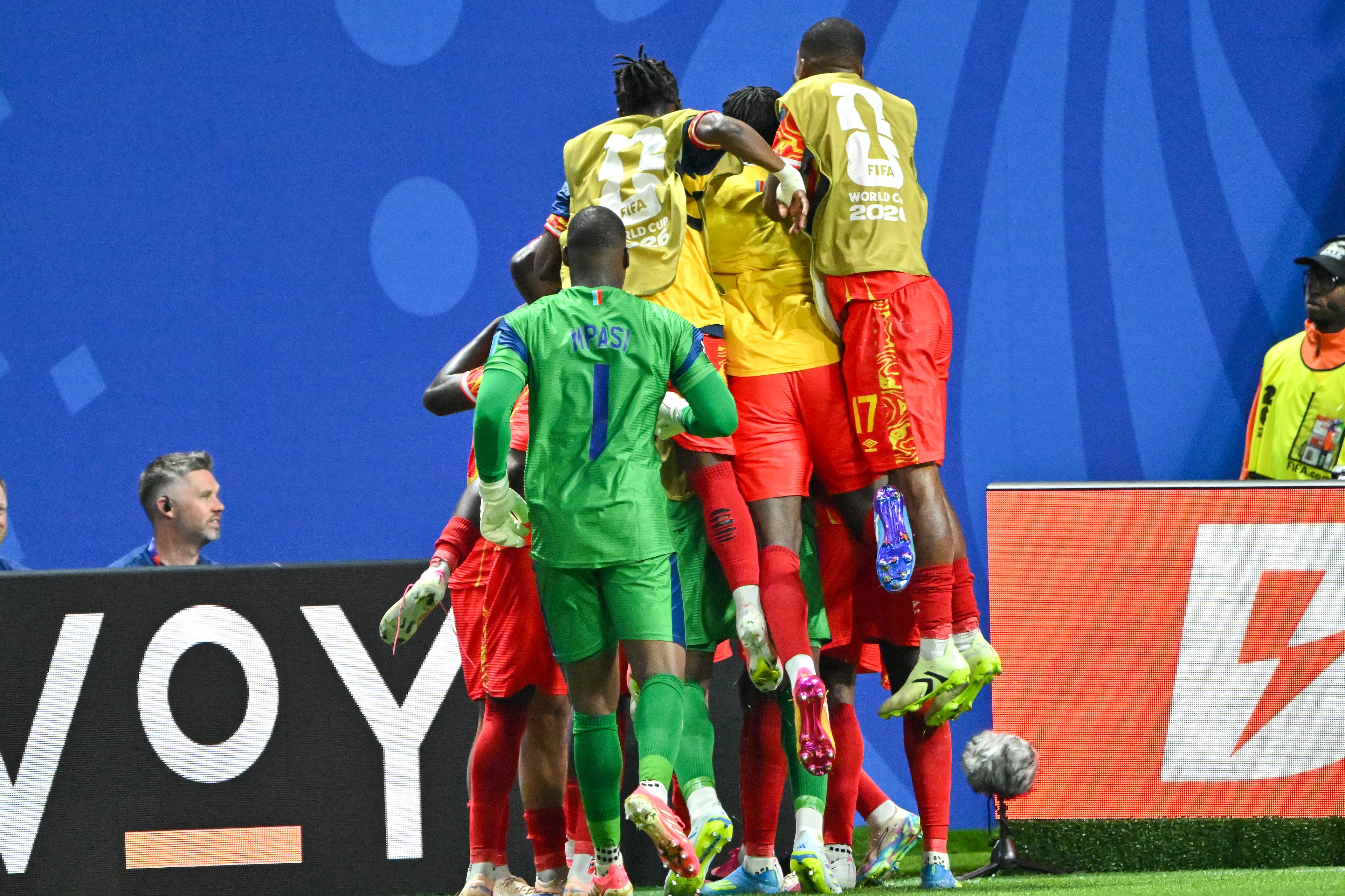 Congo players react after a goal against Uzbekistan seals the game at 3-1 during the second half of a FIFA World Cup match at Atlanta Stadium (Mercedes-Benz Stadium) on Saturday, June 27, 2026, in Atlanta. (Hyosub Shin/AJC)