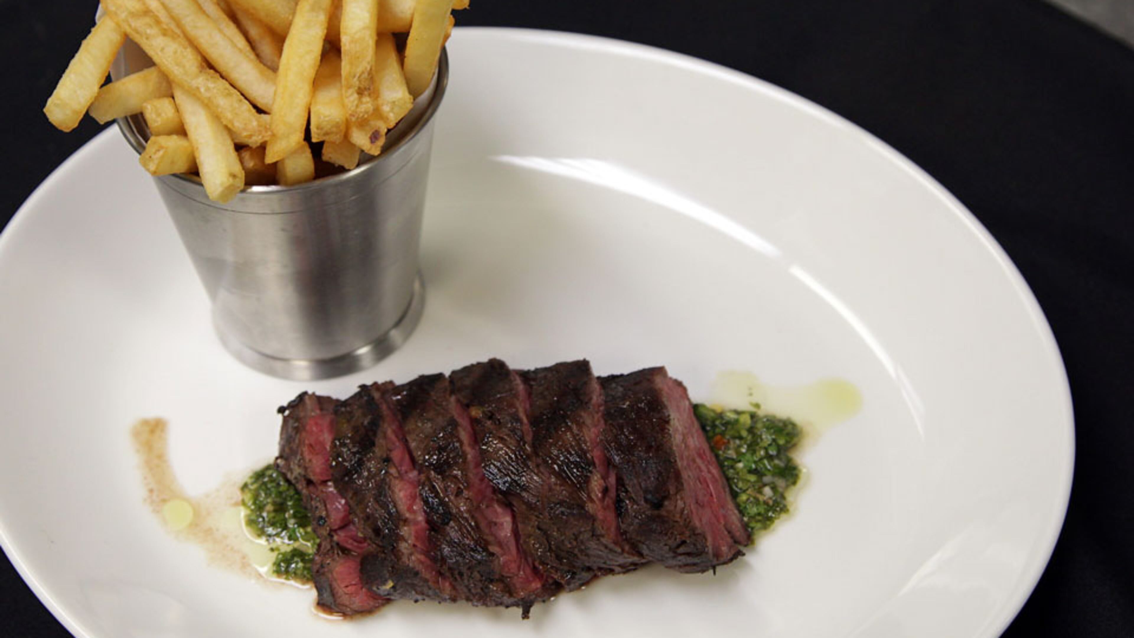 Wood-grilled hanger steak and hand-cut fries at Morningside Kitchen.