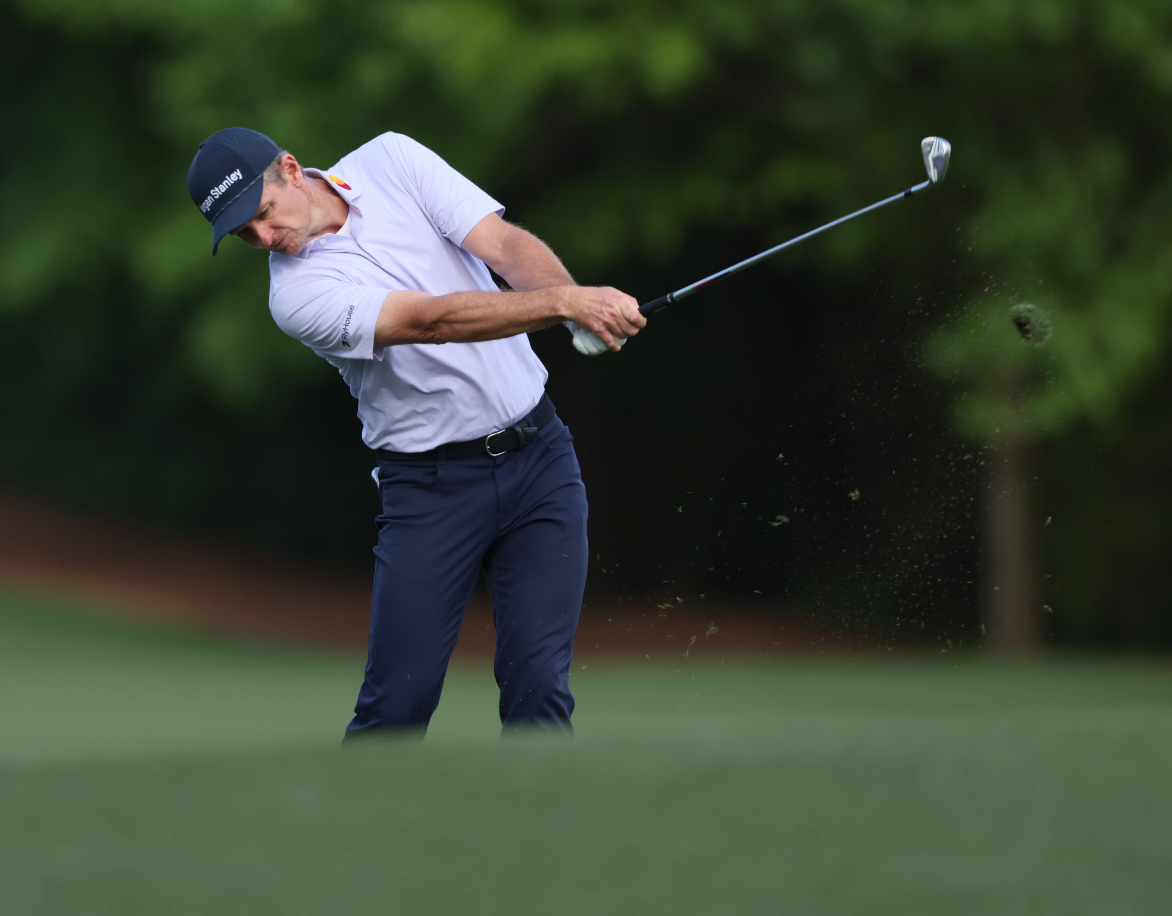 Justin Rose tees off on 12th hole during third round of the Masters golf tournament, at Augusta National Golf Club, Saturday, April 12, 2025, in Augusta, Ga. (Jason Getz / AJC)