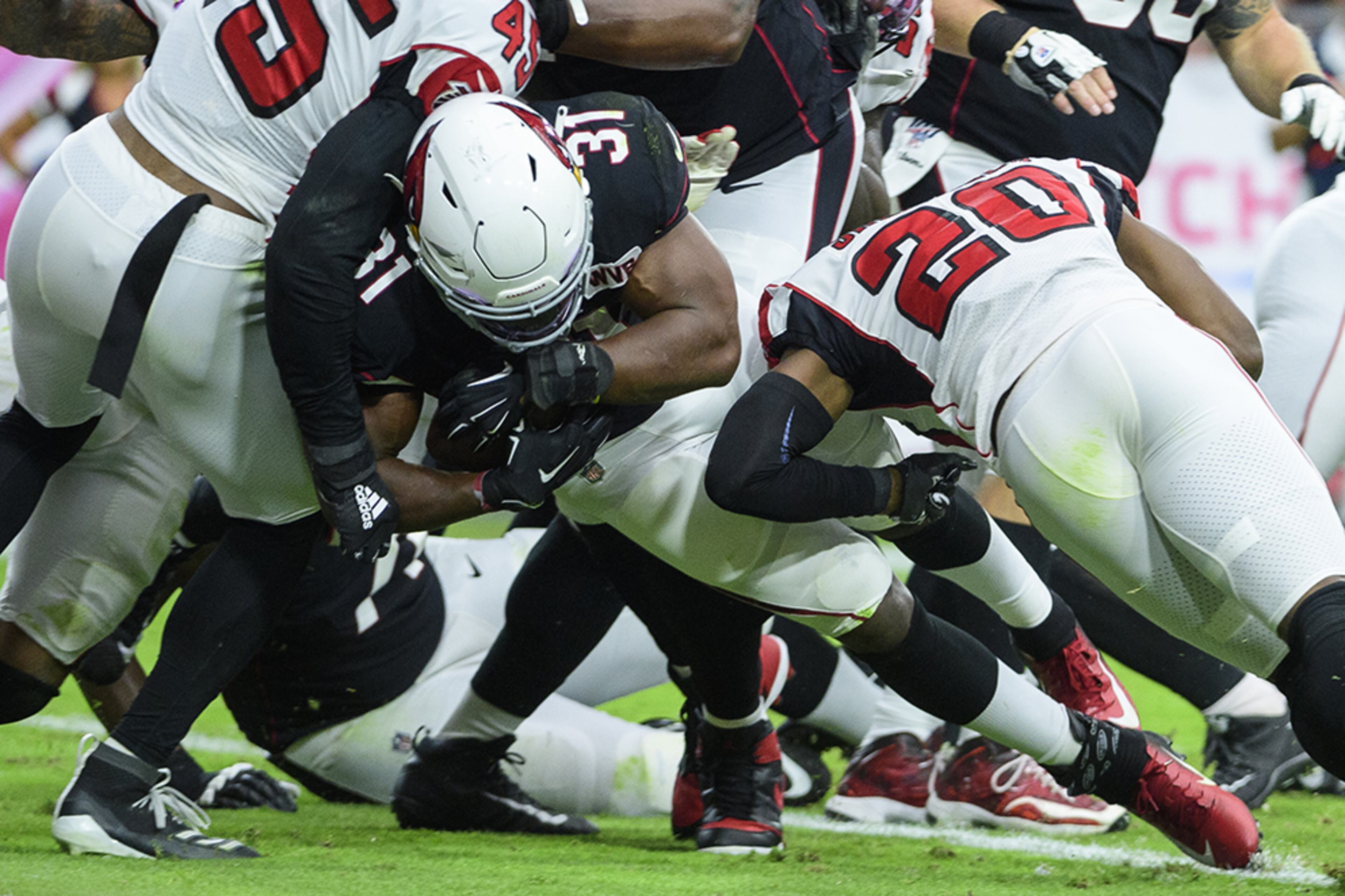 Arizona running back David Johnson scores a touchdown in the first half against the Falcons Oct. 13, 2019, at State Farm Stadium in Glendale, Ariz.
