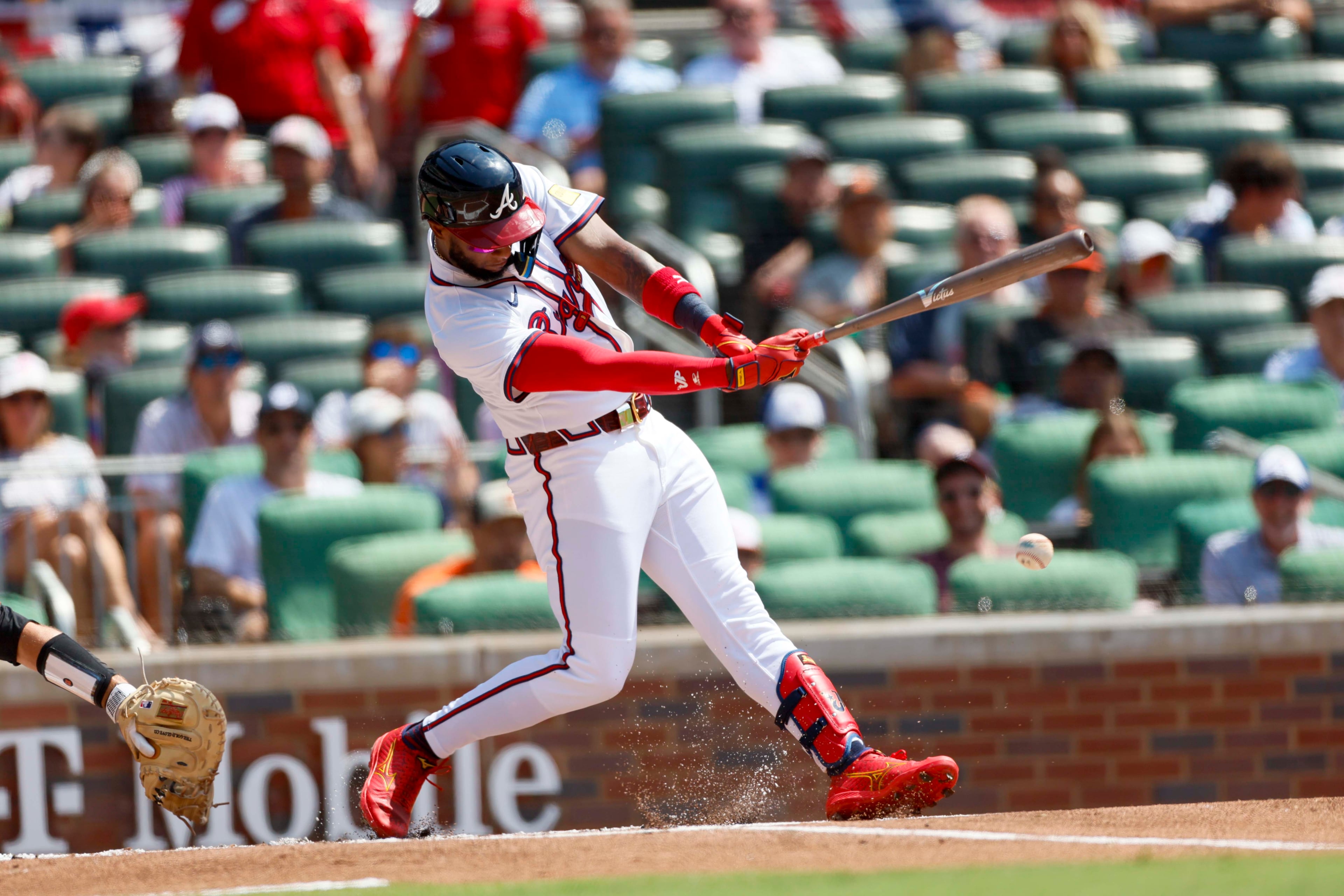 Atlanta Braves outfielder Jurickson Profar (7) hits the ball for a single during the second inning against the Baltimore Orioles at Truist Park on Sunday, July 6, 2025, in Atlanta.
(Miguel Martinez/ AJC)