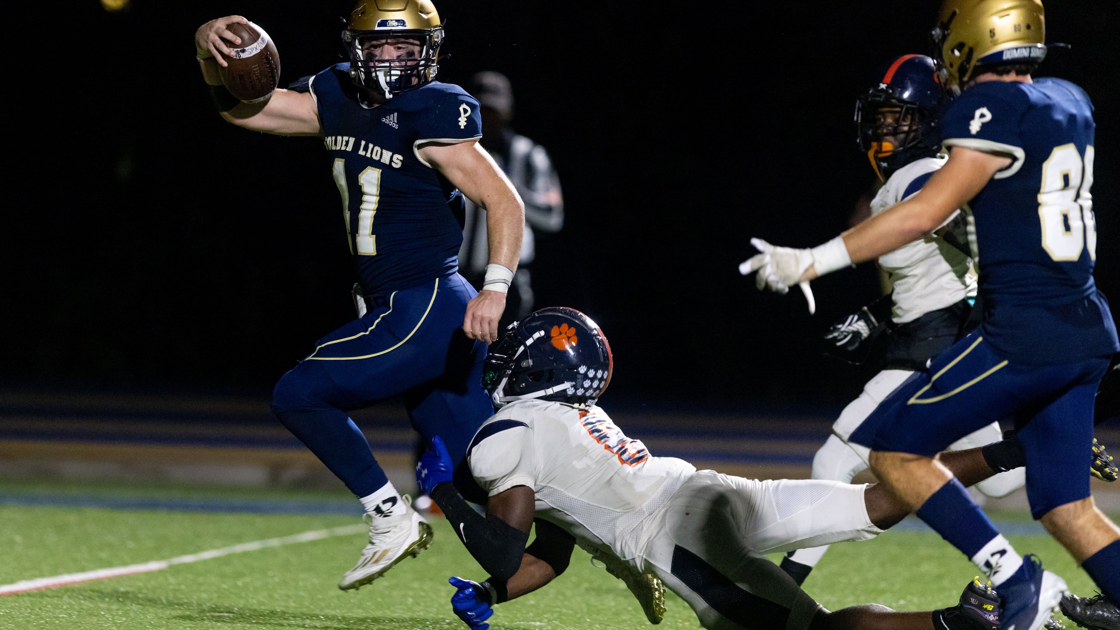 St. Pius’ Shug Bentley scores a touchdown during a GHSA High School football game between St. Pius and Mundy’s Mill at St. Pius Catholic School in Atlanta, GA, on Friday, November 11, 2022.(Photo/Jenn Finch)