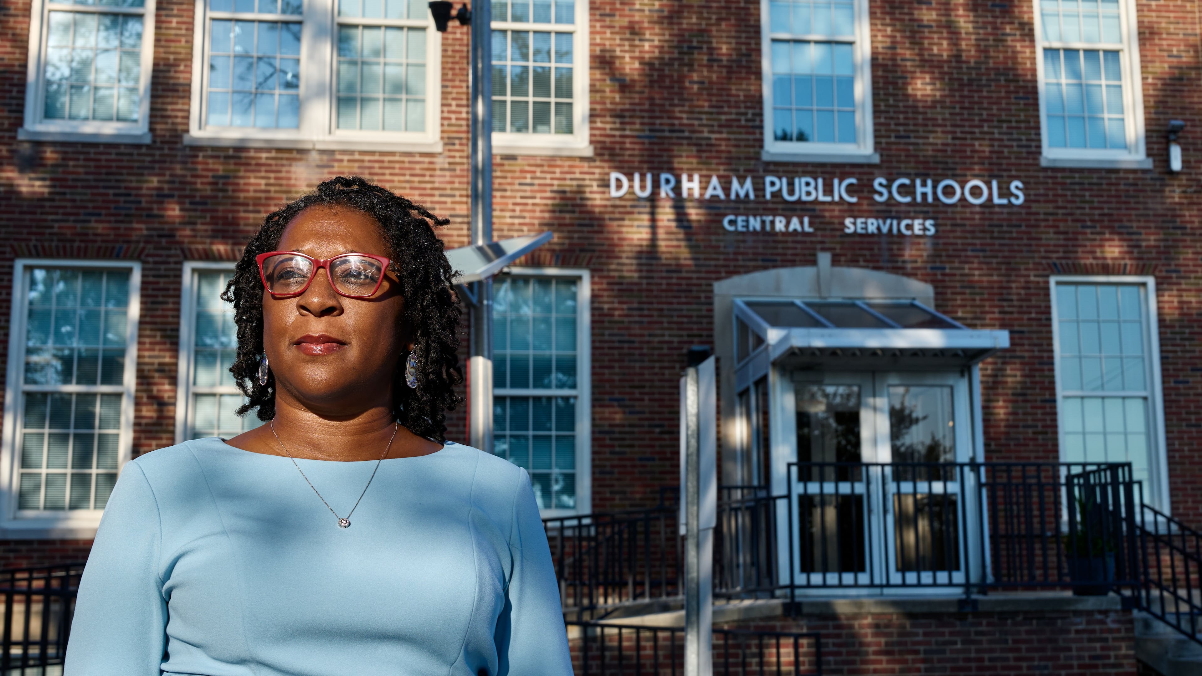 Jovonia Lewis poses for a portrait outside of the Durham Board of Education building on Monday, Sept. 21, 2026, in Durham, N.C. (AP Photo/Matt Ramey)