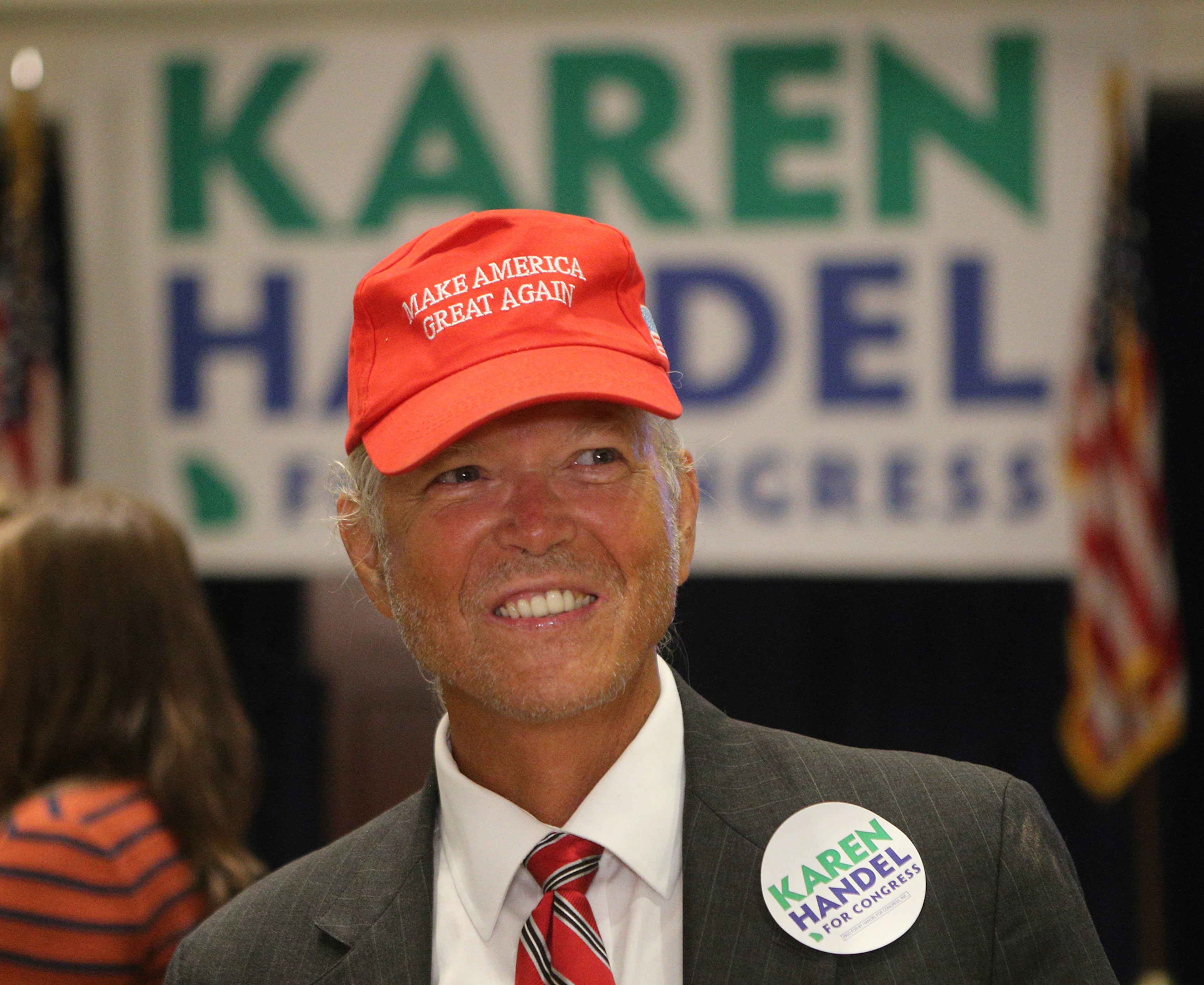 June 20, 2017, Atlanta: Karen Handel supporter Joe Webb sports a Donald Trump hat as he arrives for Handelâs election night party in the 6th District race with Jon Ossoff on Tuesday, June 20, 2017, in Atlanta. Curtis Compton/ccompton@ajc.com