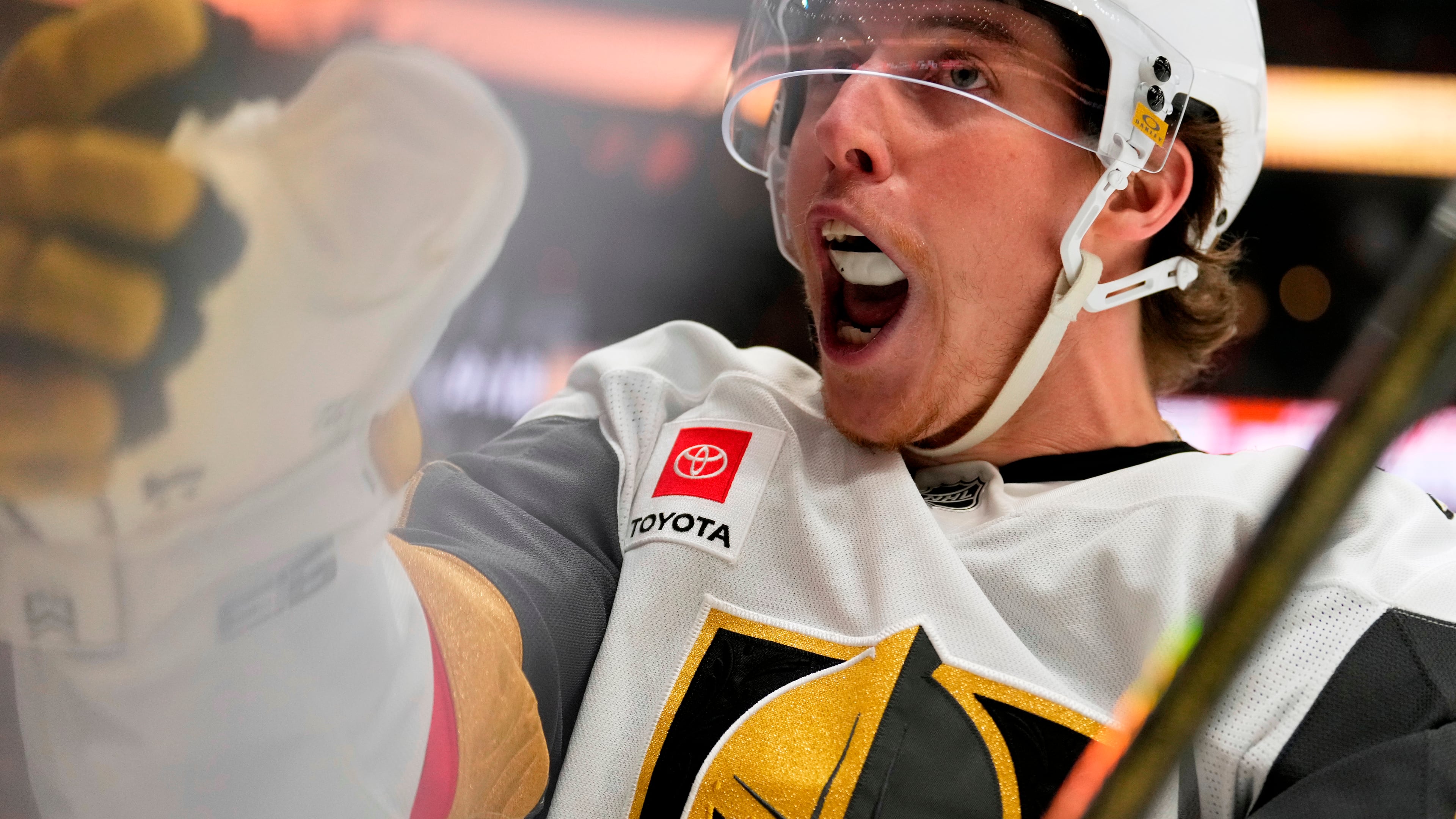 Vegas Golden Knights right wing Mitch Marner celebrates his goal during the second period in Game 3 of a second-round NHL hockey Stanley Cup playoff series against the Anaheim Ducks, Friday, May 8, 2026, in Anaheim, Calif. (AP Photo/Mark J. Terrill)