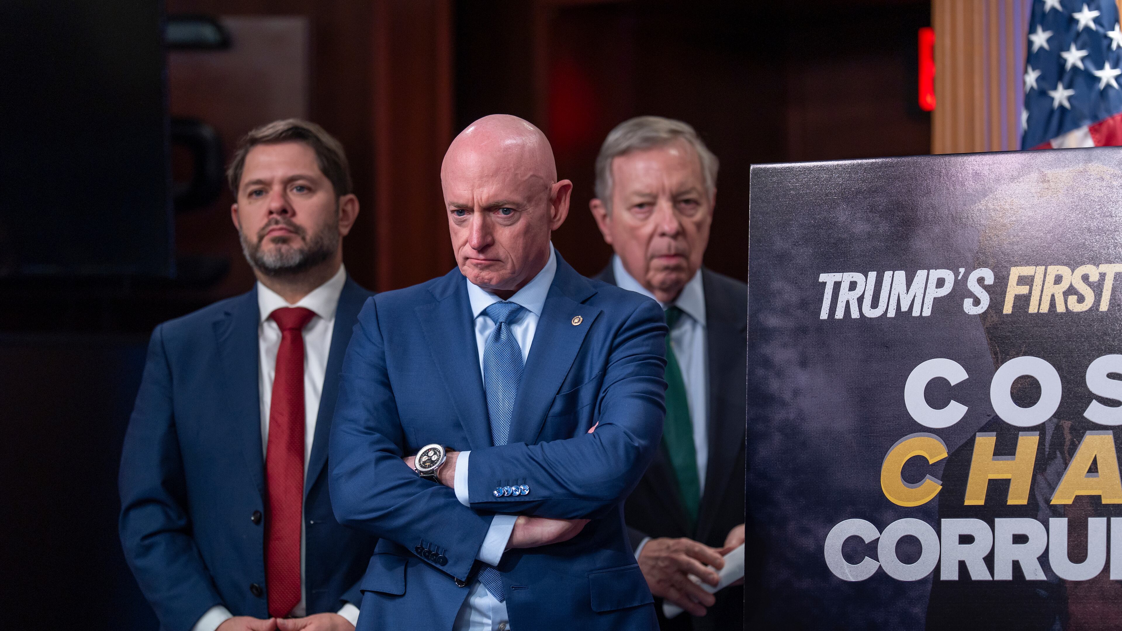 From left, Sen. Ruben Gallego D-Ariz., Sen. Mark Kelly, D-Ariz., and Senate Minority Whip Dick Durbin, D-Ill., join Senate Minority Leader Chuck Schumer, D-N.Y., for a news conference as they criticize President Donald Trump's policies and agenda ahead of his State of the Union speech, at the Capitol in Washington, Tuesday, Feb. 24, 2026. (AP Photo/J. Scott Applewhite)