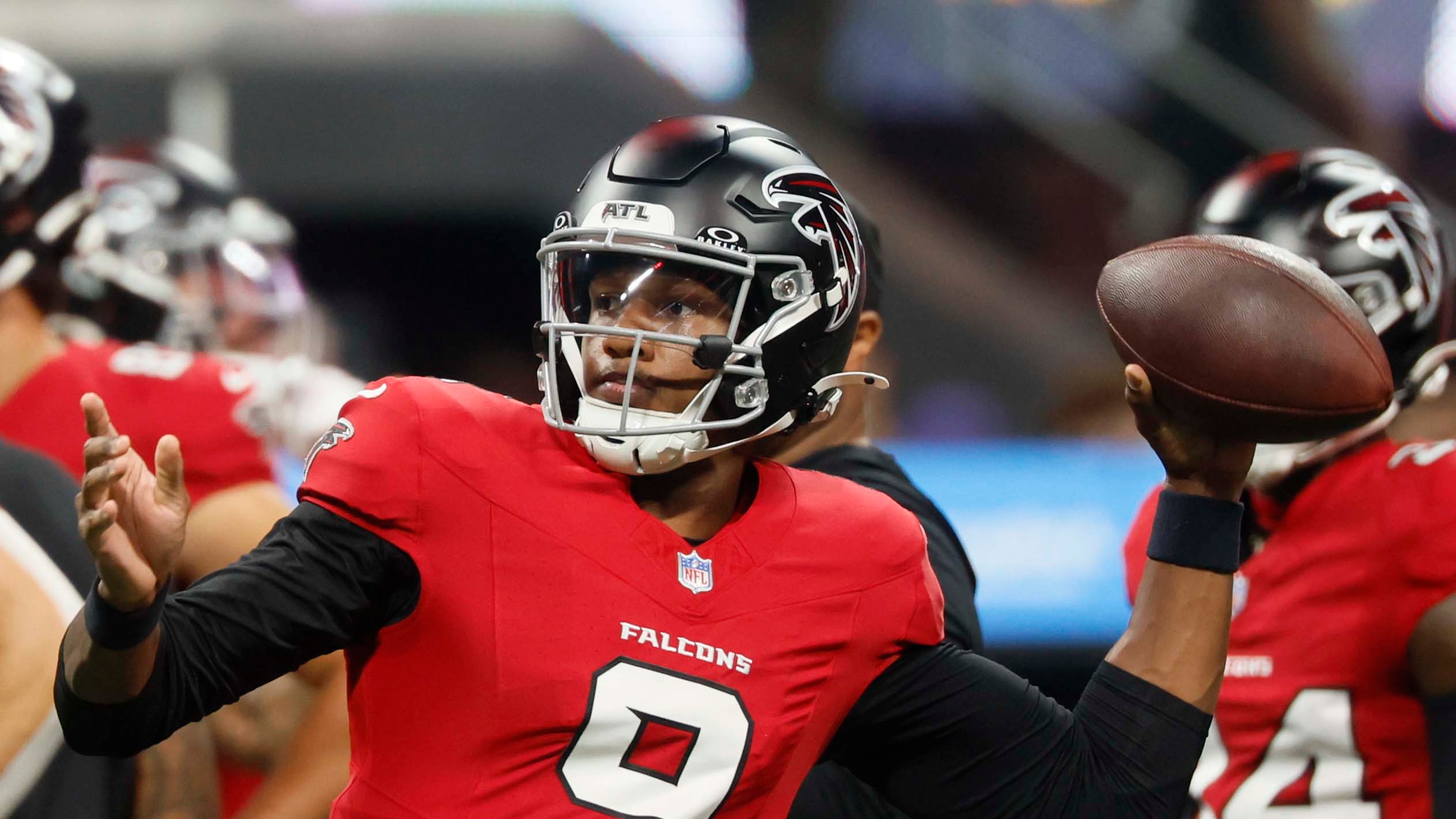 Atlanta Falcons quarterback Michael Penix Jr. (9) throws the ball during warm-ups before the game against the Baltimore Ravens at Mercedes-Benz Stadium in Atlanta, GA, on Sunday, Oct. 11, 2026. (Miguel Martinez/AJC)