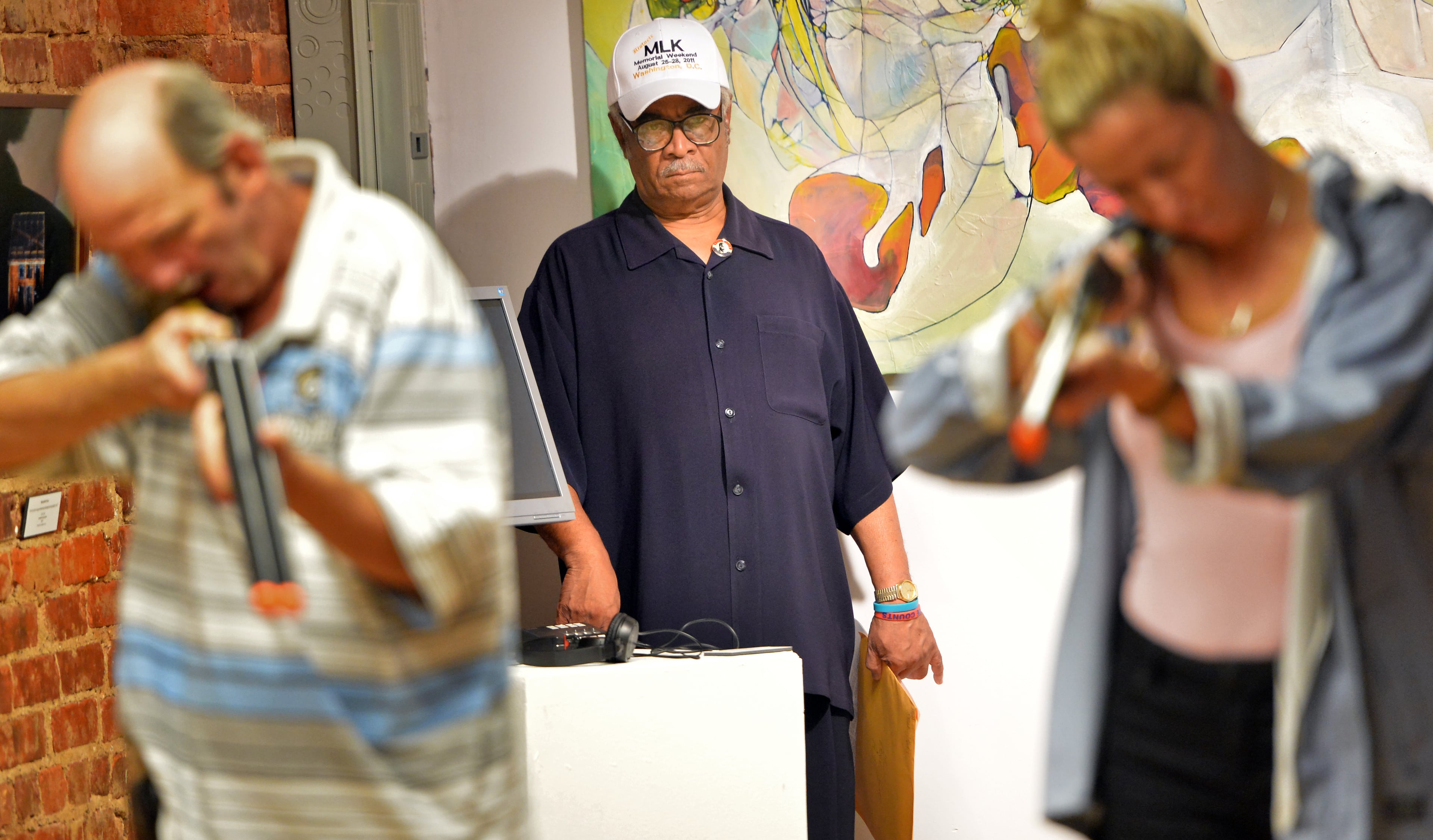 Rep. Tyrone Brooks (background) watches the rehearsal of Moore's Ford Lynching Reenactment at Fuse Arts Center in Atlanta on July 17, 2013. Brooks was a decades-long fixture in the Legislature and a voice for the disadvantaged and African Americans since he first worked with the Rev. Martin Luther King Jr. in the 1960s. -- Text by Rhonda Cook, AJC